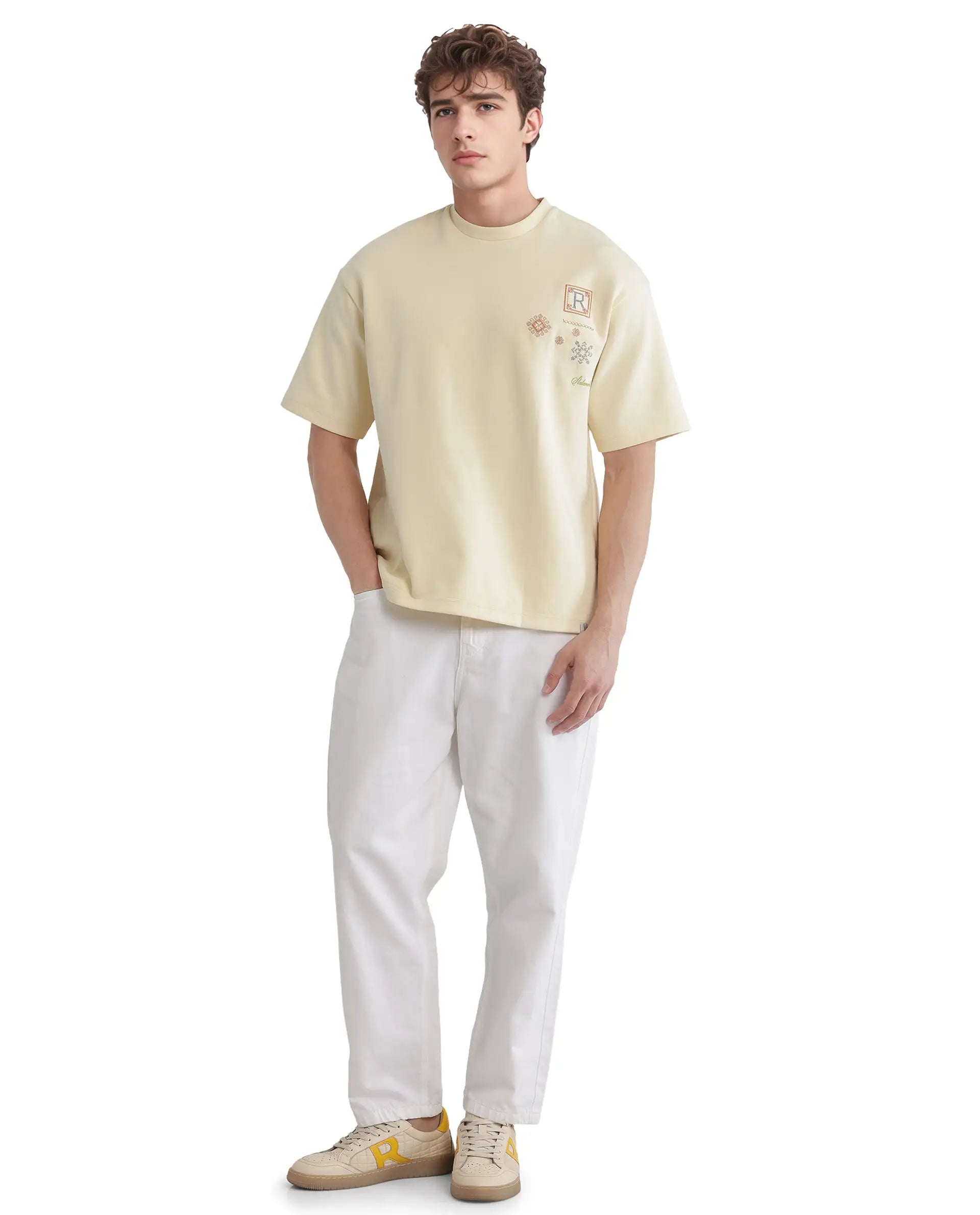 Rare Rabbit Men's Enoxo Pastel Yellow Cotton Blend Embroidered Oversized Fit Half Sleeve Crew Neck T-Shirt