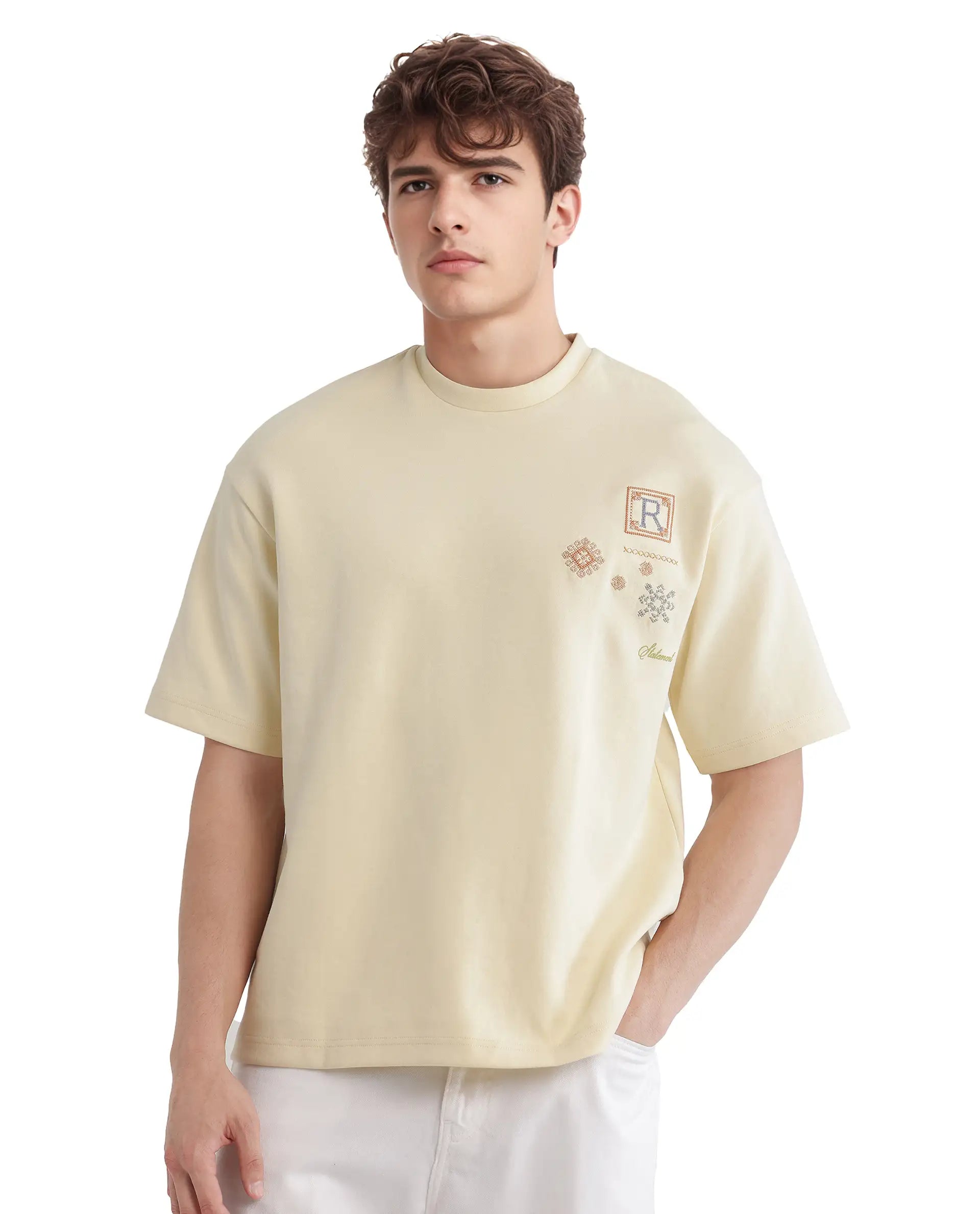Rare Rabbit Men's Enoxo Pastel Yellow Cotton Blend Embroidered Oversized Fit Half Sleeve Crew Neck T-Shirt
