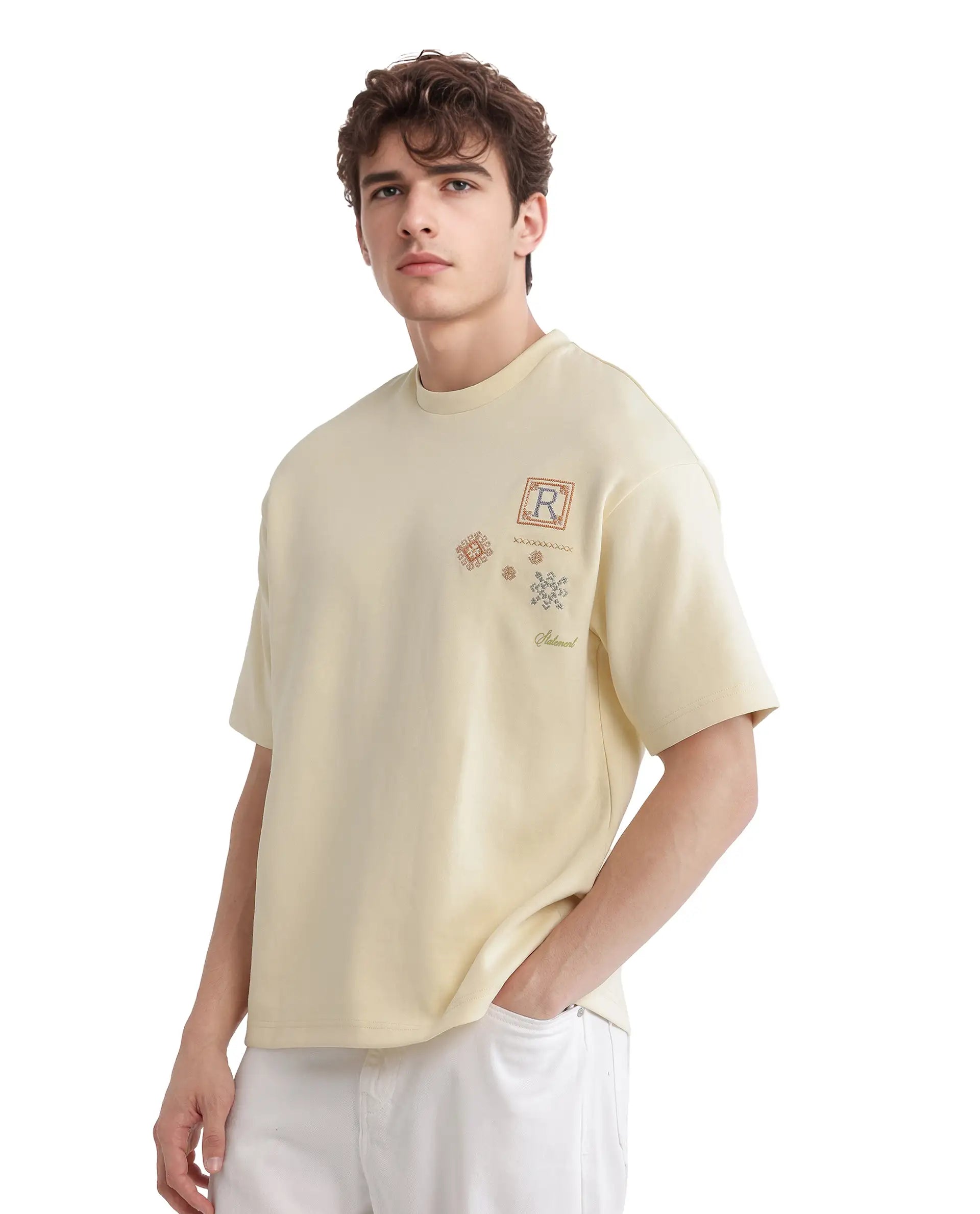 Rare Rabbit Men's Enoxo Pastel Yellow Cotton Blend Embroidered Oversized Fit Half Sleeve Crew Neck T-Shirt