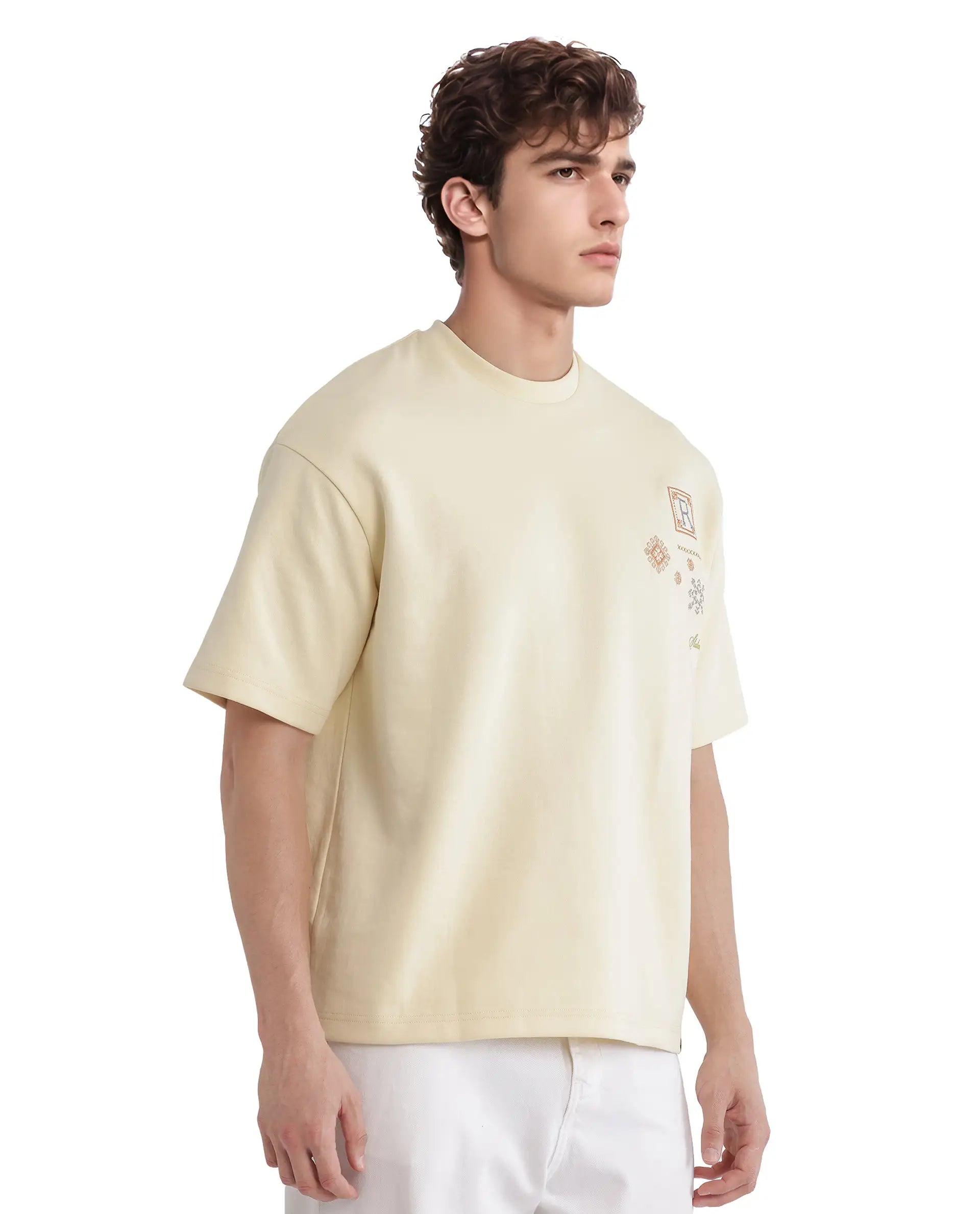 Rare Rabbit Men's Enoxo Pastel Yellow Cotton Blend Embroidered Oversized Fit Half Sleeve Crew Neck T-Shirt