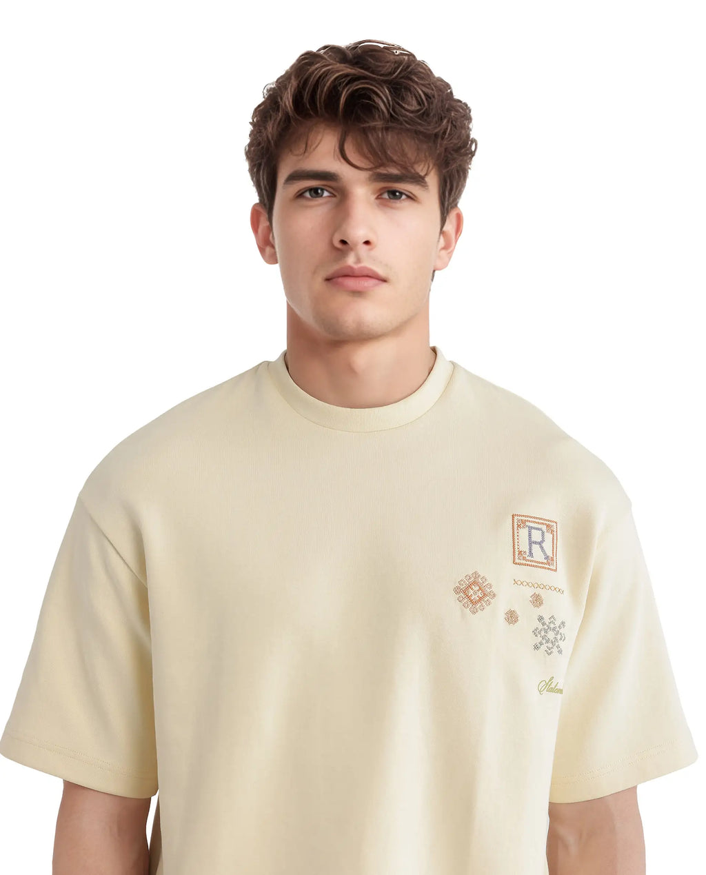 Rare Rabbit Men's Enoxo Pastel Yellow Cotton Blend Embroidered Oversized Fit Half Sleeve Crew Neck T-Shirt