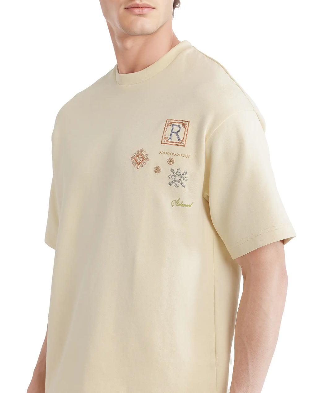 Rare Rabbit Men's Enoxo Pastel Yellow Cotton Blend Embroidered Oversized Fit Half Sleeve Crew Neck T-Shirt