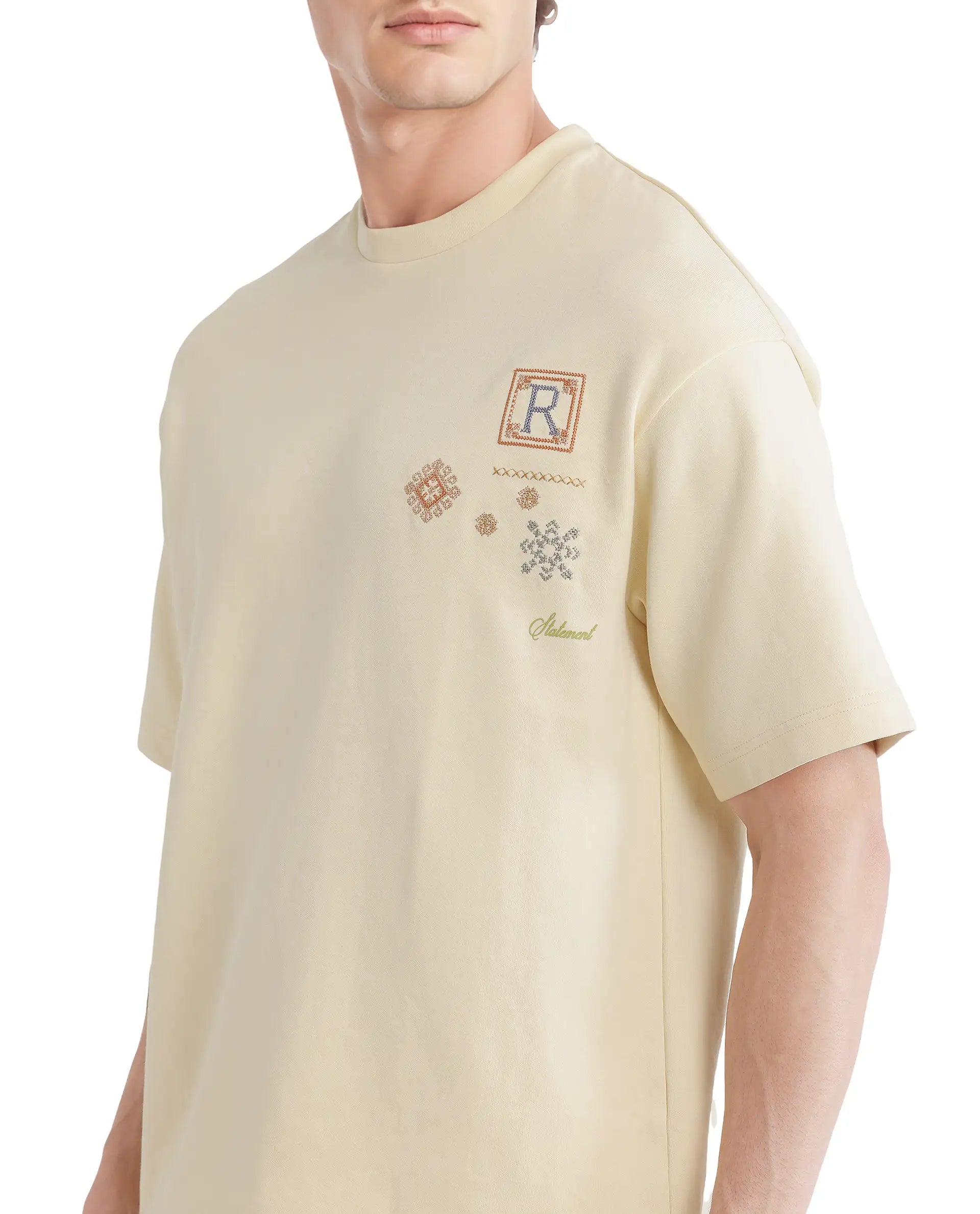 Rare Rabbit Men's Enoxo Pastel Yellow Cotton Blend Embroidered Oversized Fit Half Sleeve Crew Neck T-Shirt