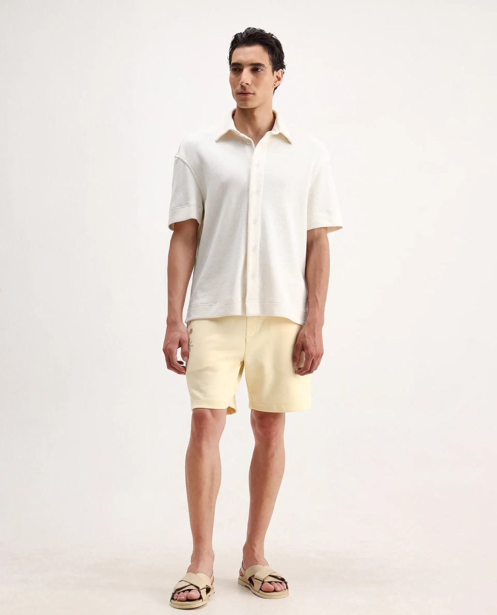 Rare Rabbit Men's Enox Pastel Yellow Cotton Blend Embroidered Regular Fit Shorts