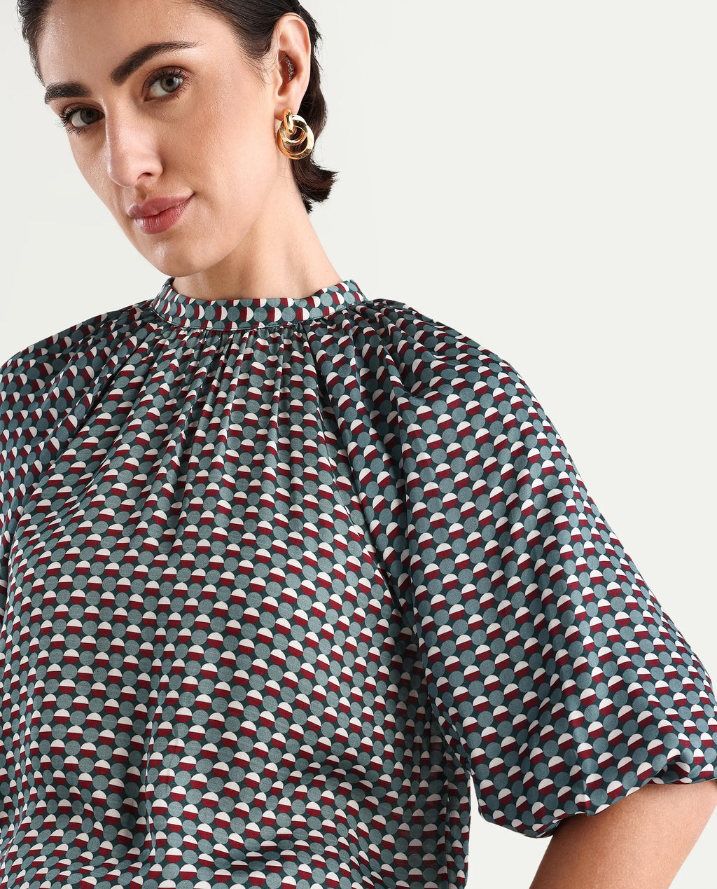 Rareism Women's Epizo Teal Satin Abstract Print Raglan Sleeve Regular Fit Top