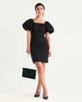 Rareism Women's Eplan Black Cotton Blend Square Neck Plain Balloon Sleeve Mini Straight Fit Dress