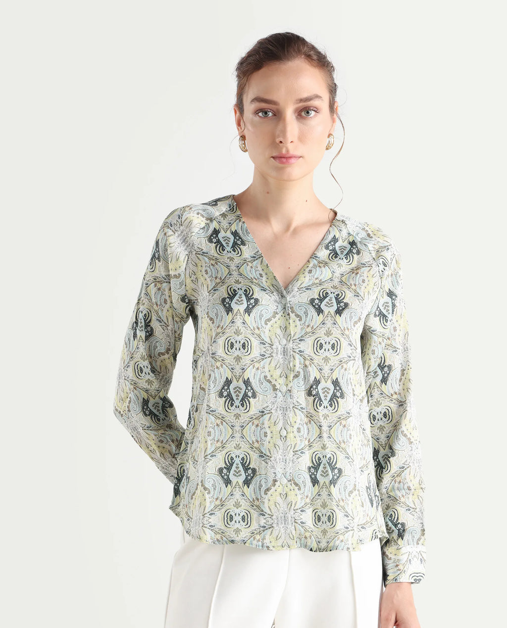 Rareism Women's Epoll Multi Satin Abstract Print Raglan Sleeve Relaxed Fit Top