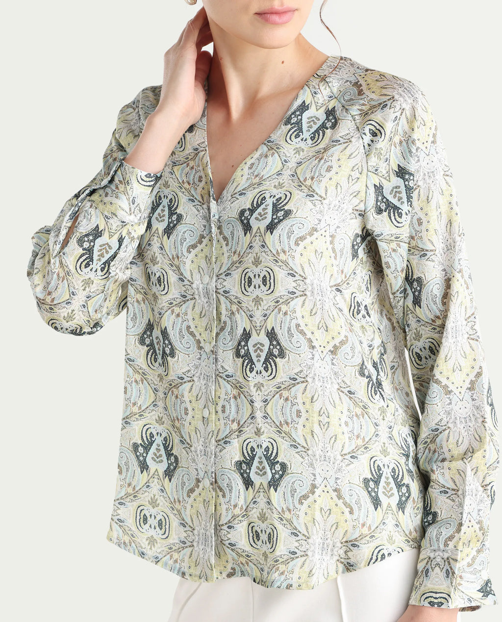 Rareism Women's Epoll Multi Satin Abstract Print Raglan Sleeve Relaxed Fit Top