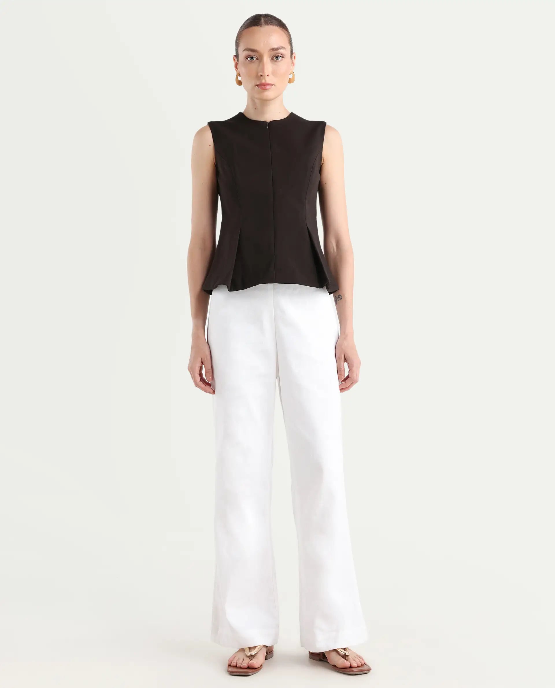 Rareism Women's Epors White Linen Plain Ankle Length Straight Fit Trouser