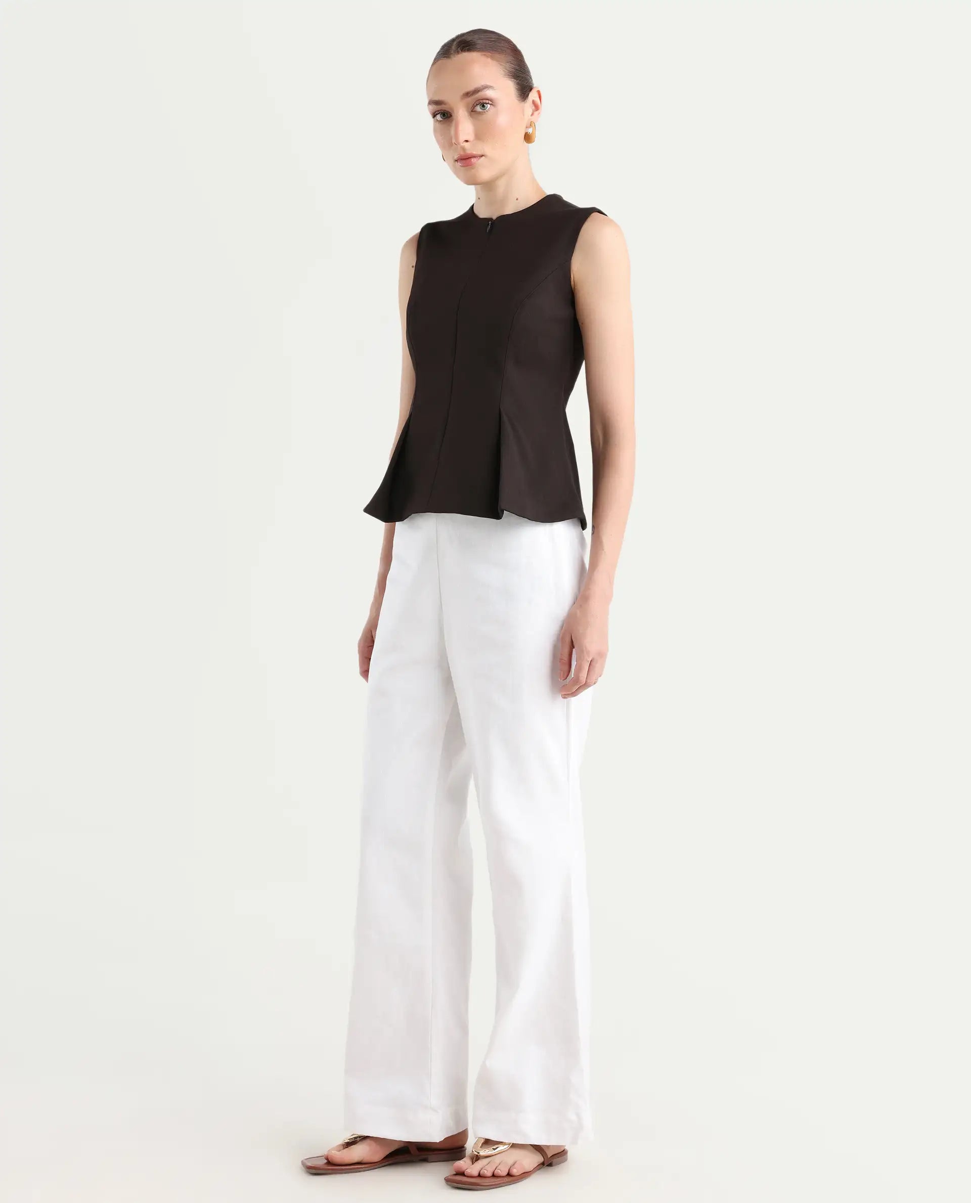 Rareism Women's Epors White Linen Plain Ankle Length Straight Fit Trouser