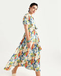 Rareism Women's Epure Multi Polyester V-Neck Abstract Print Extended Sleeves Midi A-Line Dress