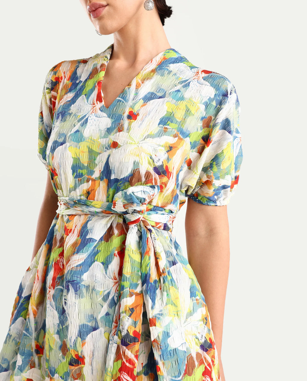 Rareism Women's Epure Multi Polyester V-Neck Abstract Print Extended Sleeves Midi A-Line Dress