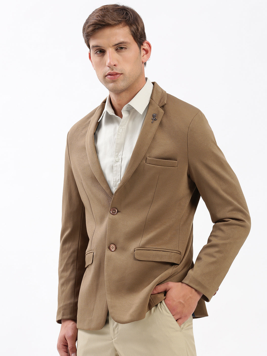 Men's Notched Lapel Solid Brown Blazer