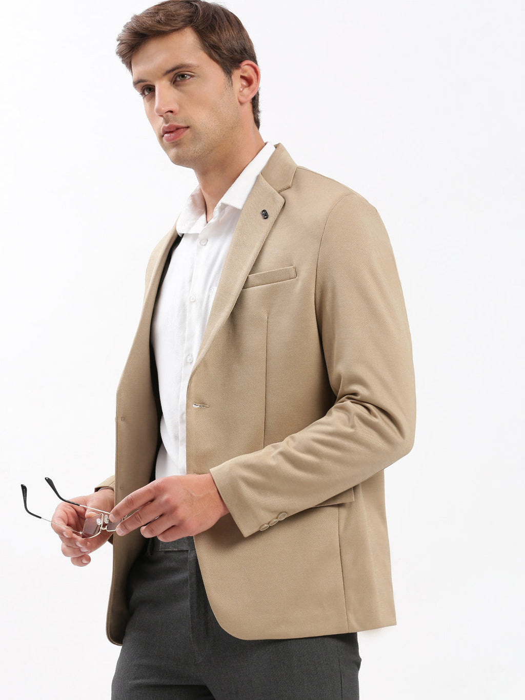 Men's Beige Notched Lapel Collar Slim-Fit Single Breasted Blazer