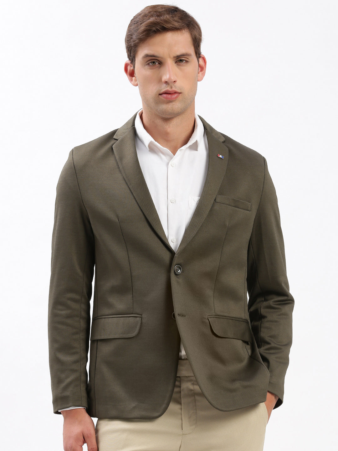 Men's Olive Slim-Fit Notched Lapel Collar Single-Breasted Blazer