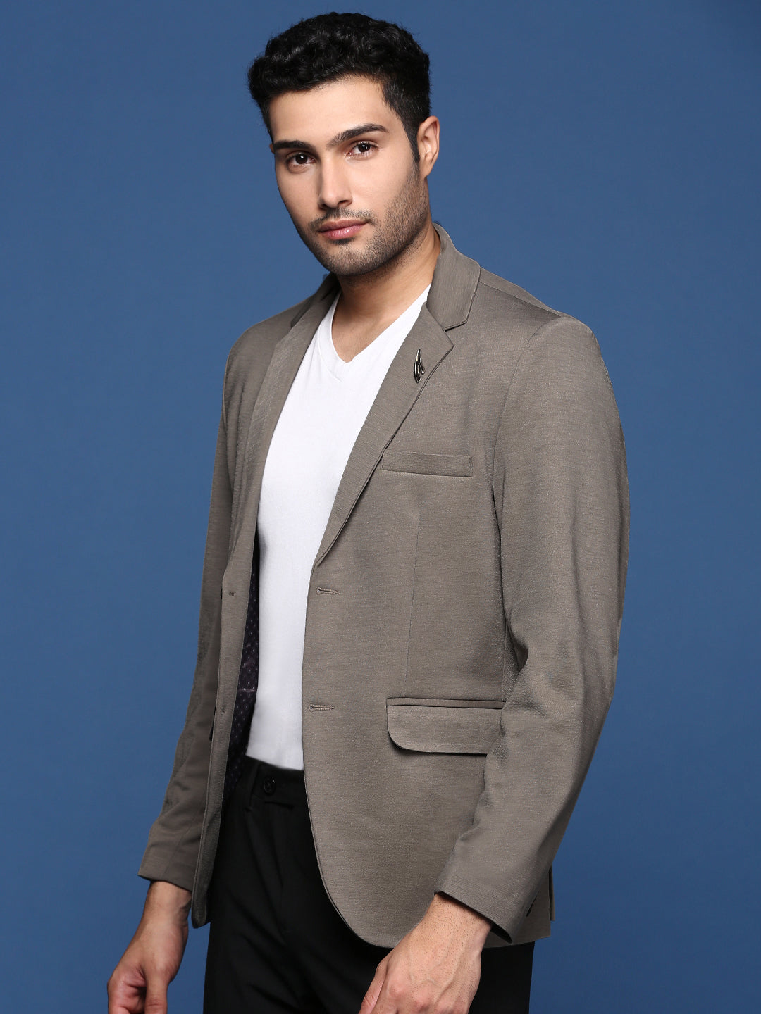 Men's Grey Solid Single Breasted Blazer