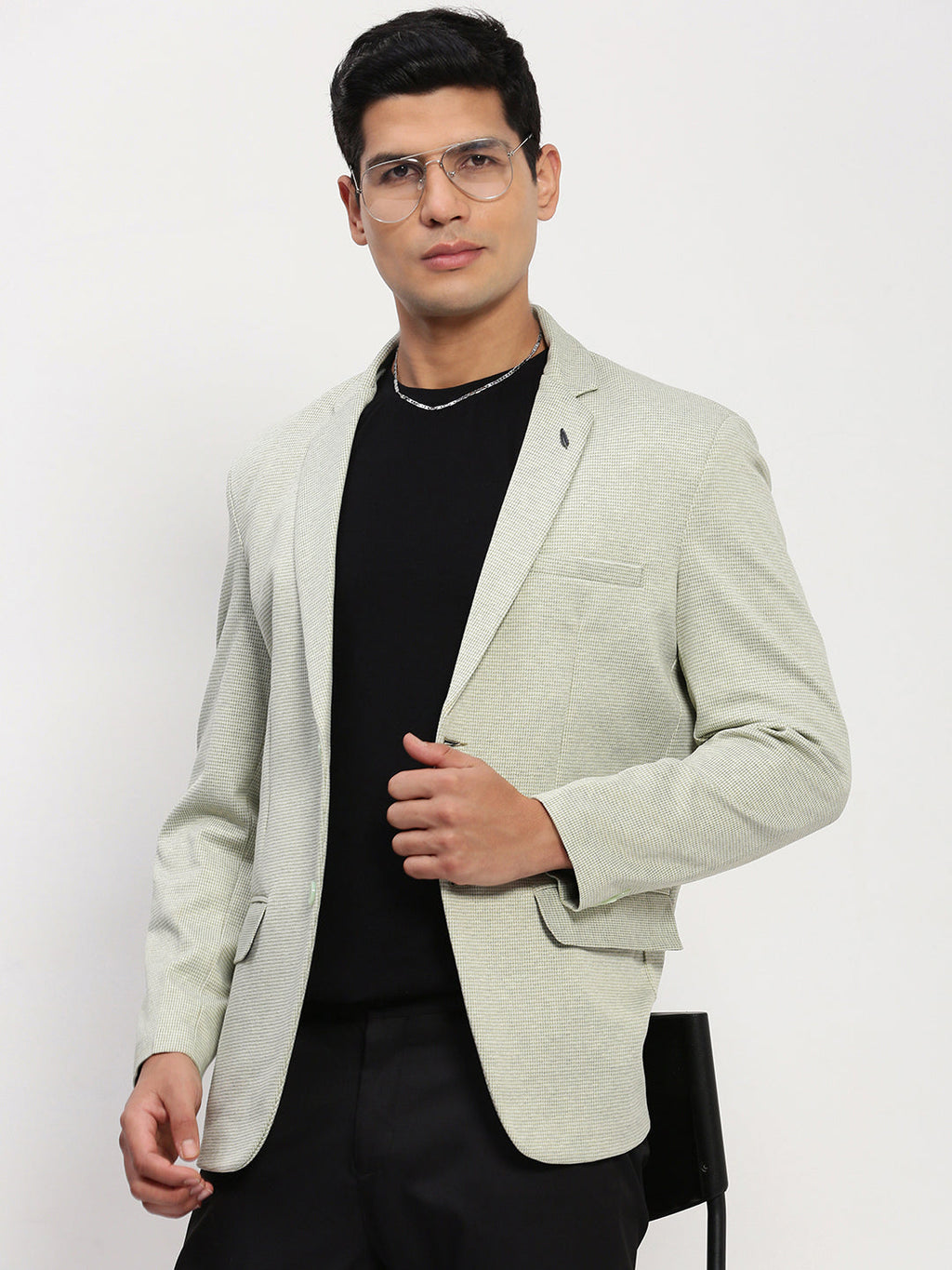 Men's Green Self Design Single Breasted Blazer