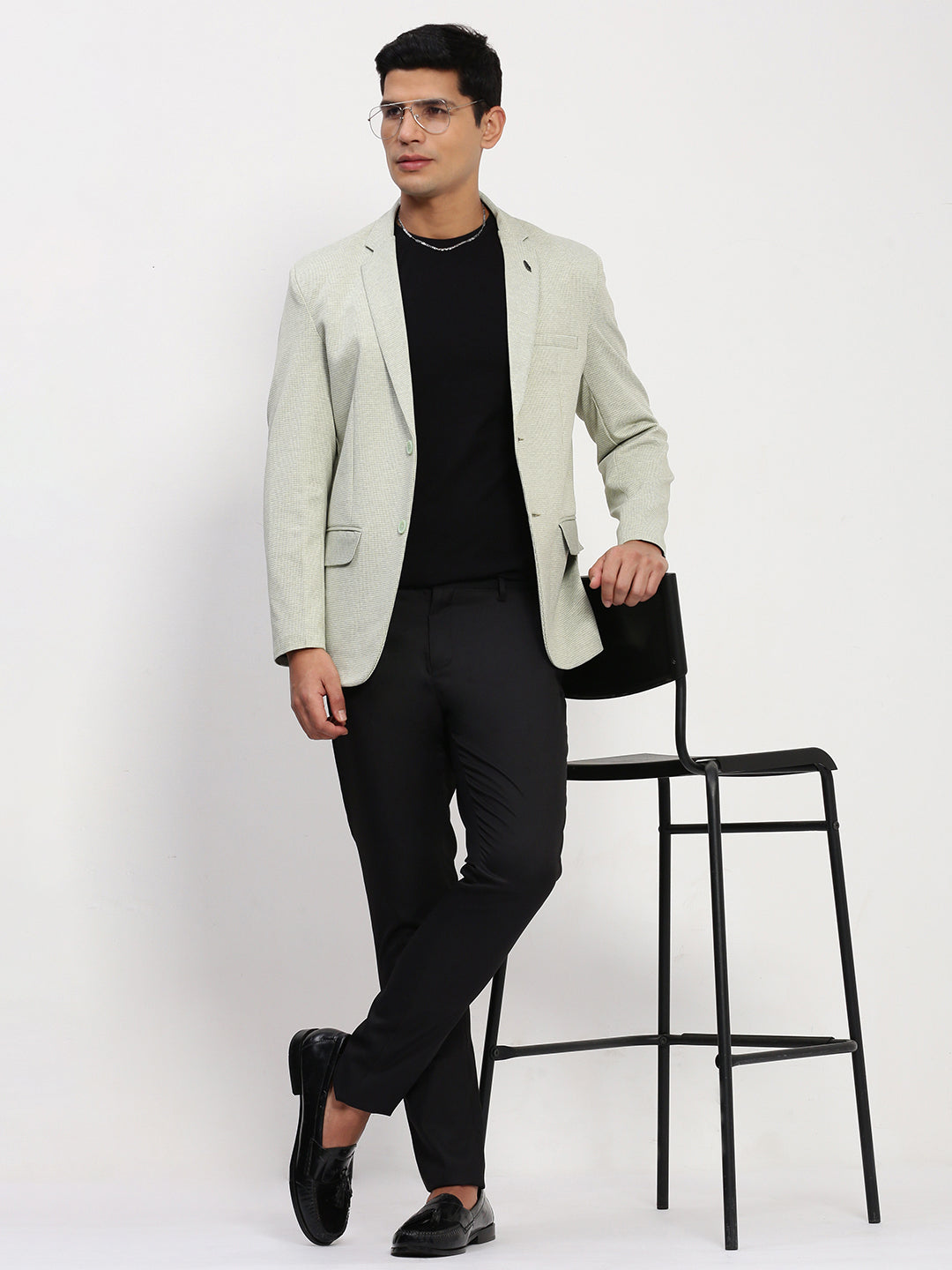 Men's Green Self Design Single Breasted Blazer