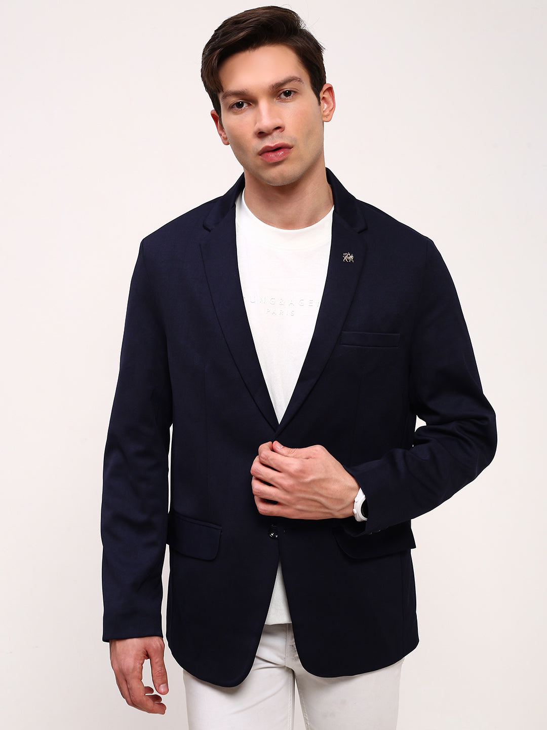 Men's Navy Blue Solid Single Breasted Blazer