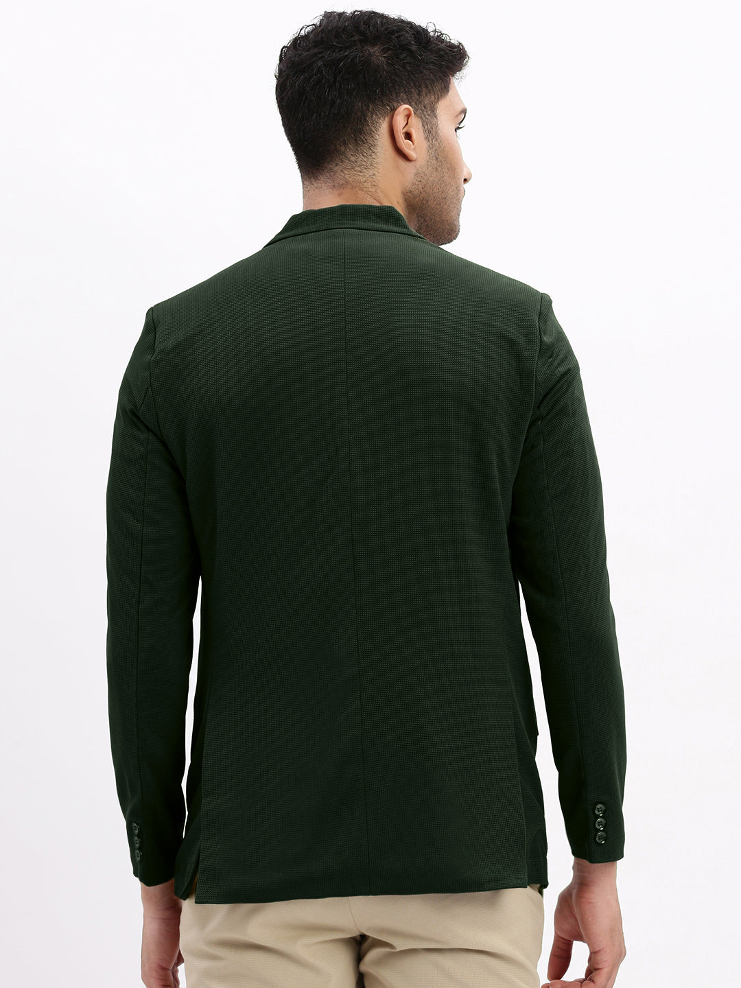 Men's Textured Dark Green Single-Breasted Blazer with Notched Lapel