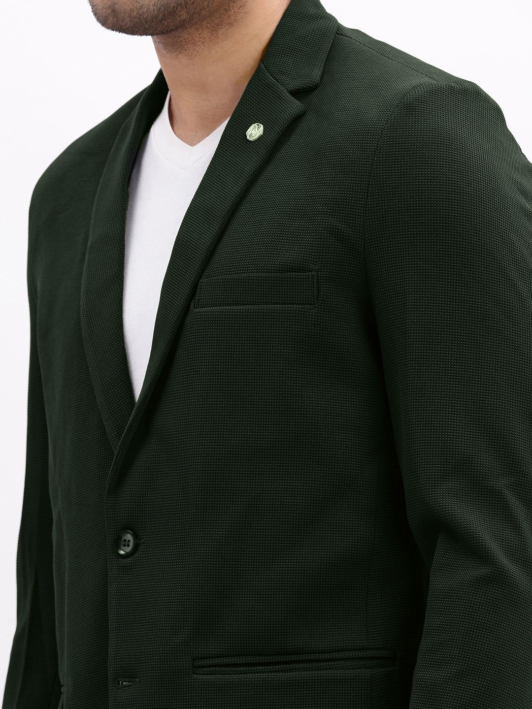 Men's Textured Dark Green Single-Breasted Blazer with Notched Lapel
