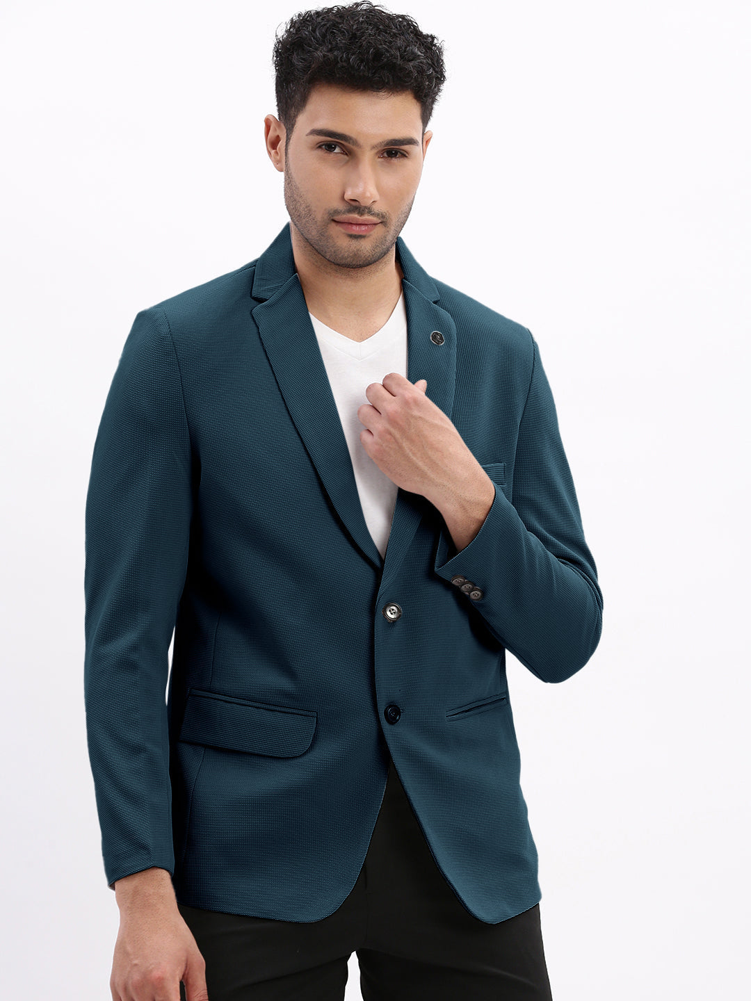 Men's Teal Solid Single Breasted Blazer
