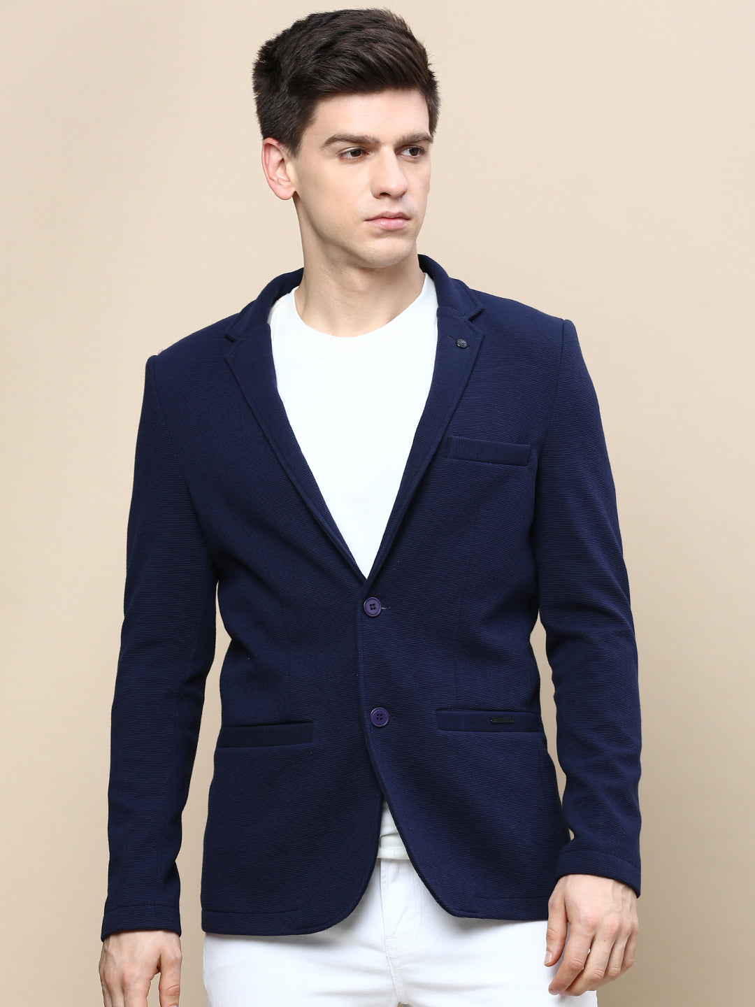 Men's Navy Blue Solid Single Breasted Blazer