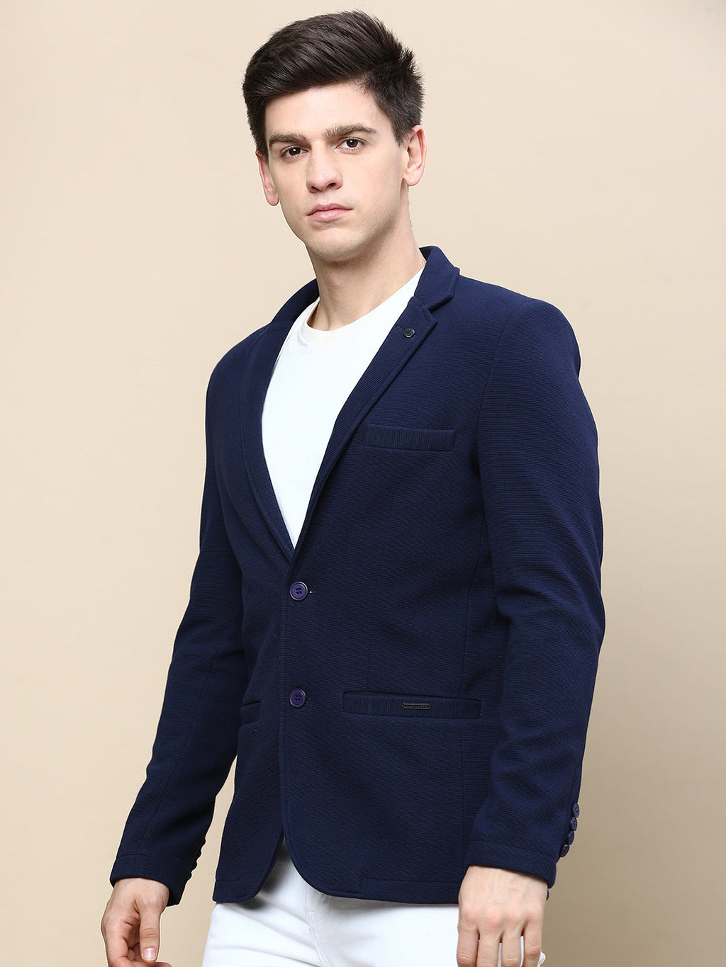 Men's Navy Blue Solid Single Breasted Blazer