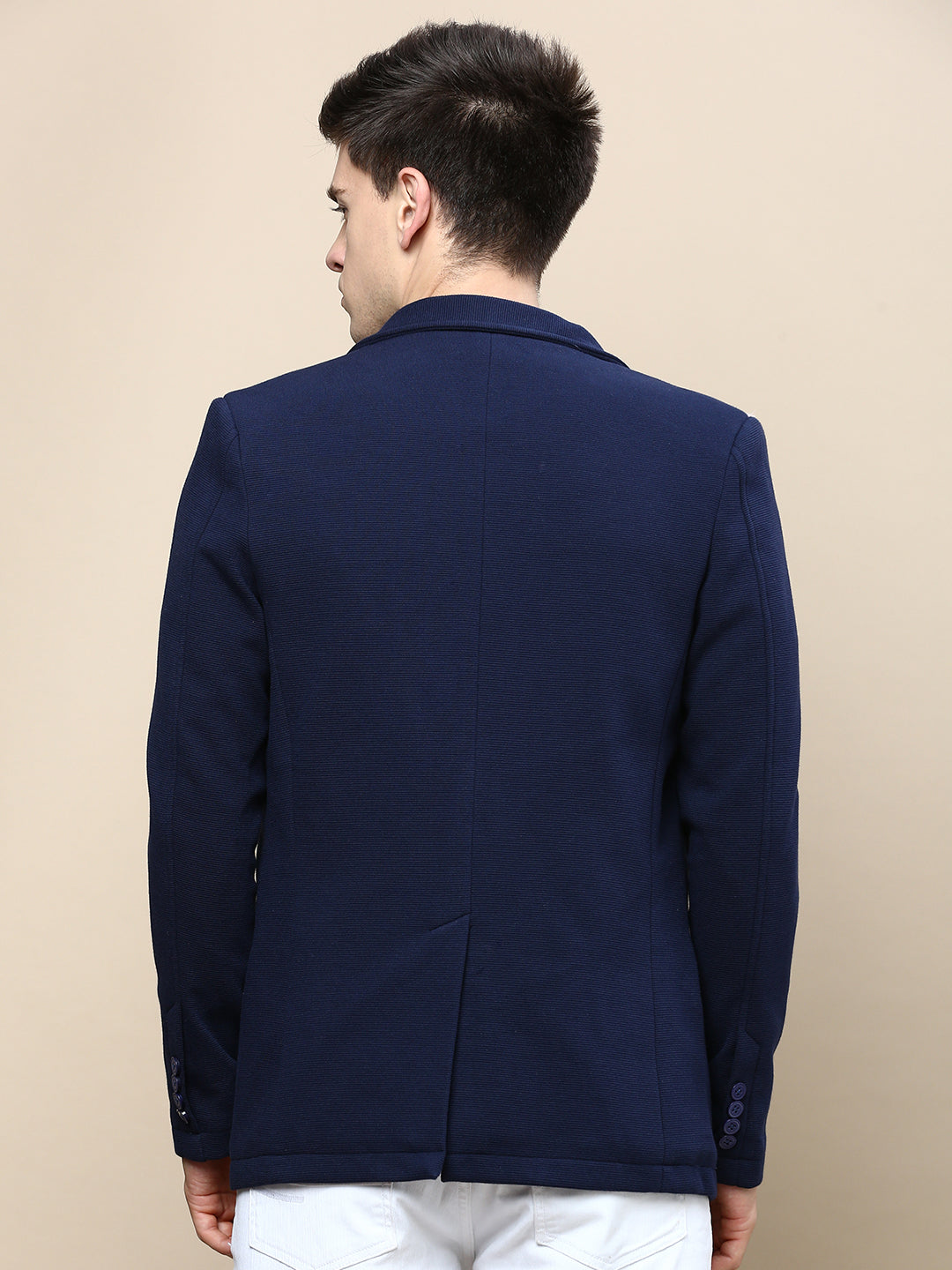 Men's Navy Blue Solid Single Breasted Blazer