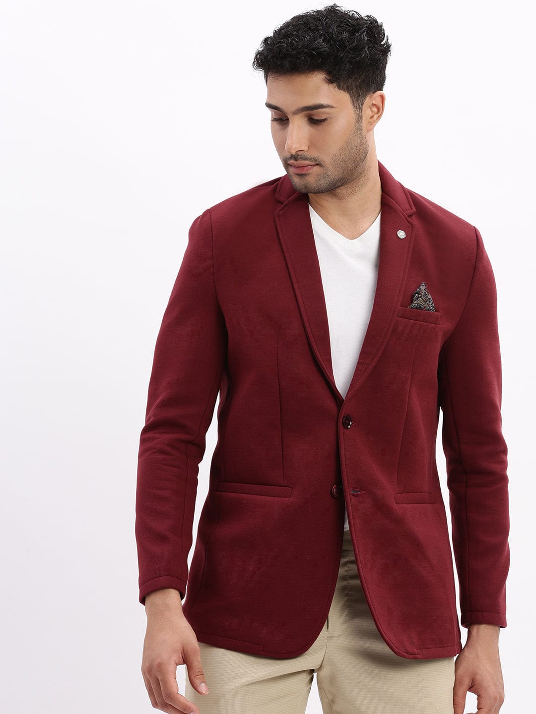 Men's Maroon Slim-Fit Single Breasted Notched Lapel Collar Cotton Casual Blazer