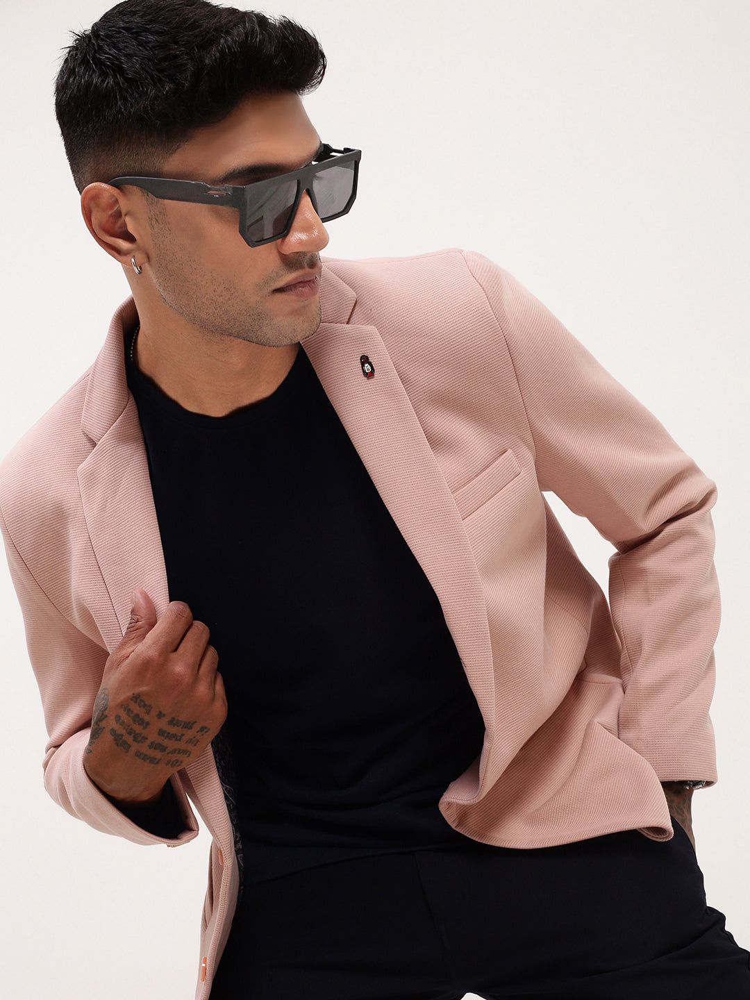 Men's Pink Self Design Slim-Fit Single-Breasted Corduroy Cotton Blazer