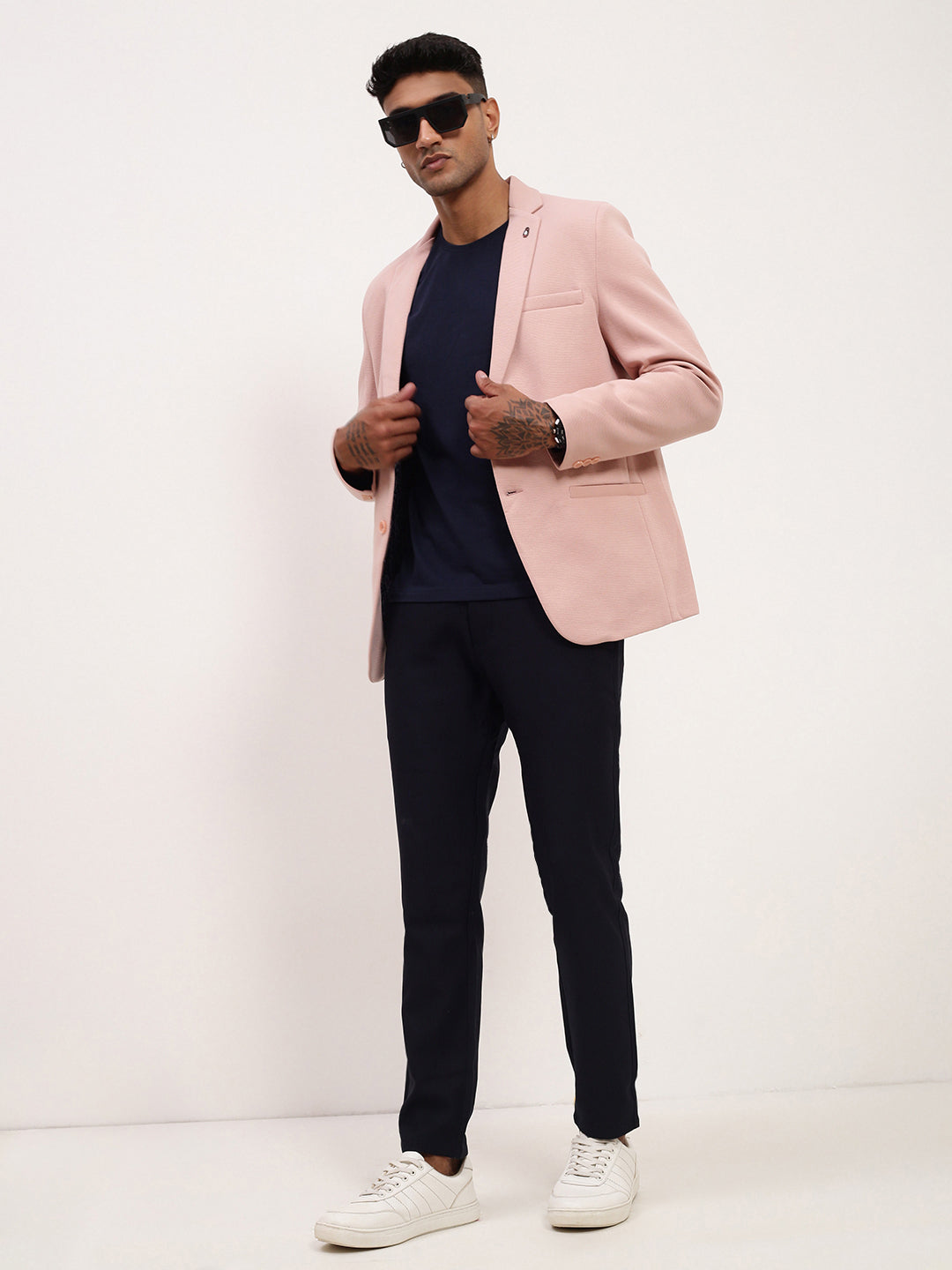 Men's Pink Self Design Slim-Fit Single-Breasted Corduroy Cotton Blazer