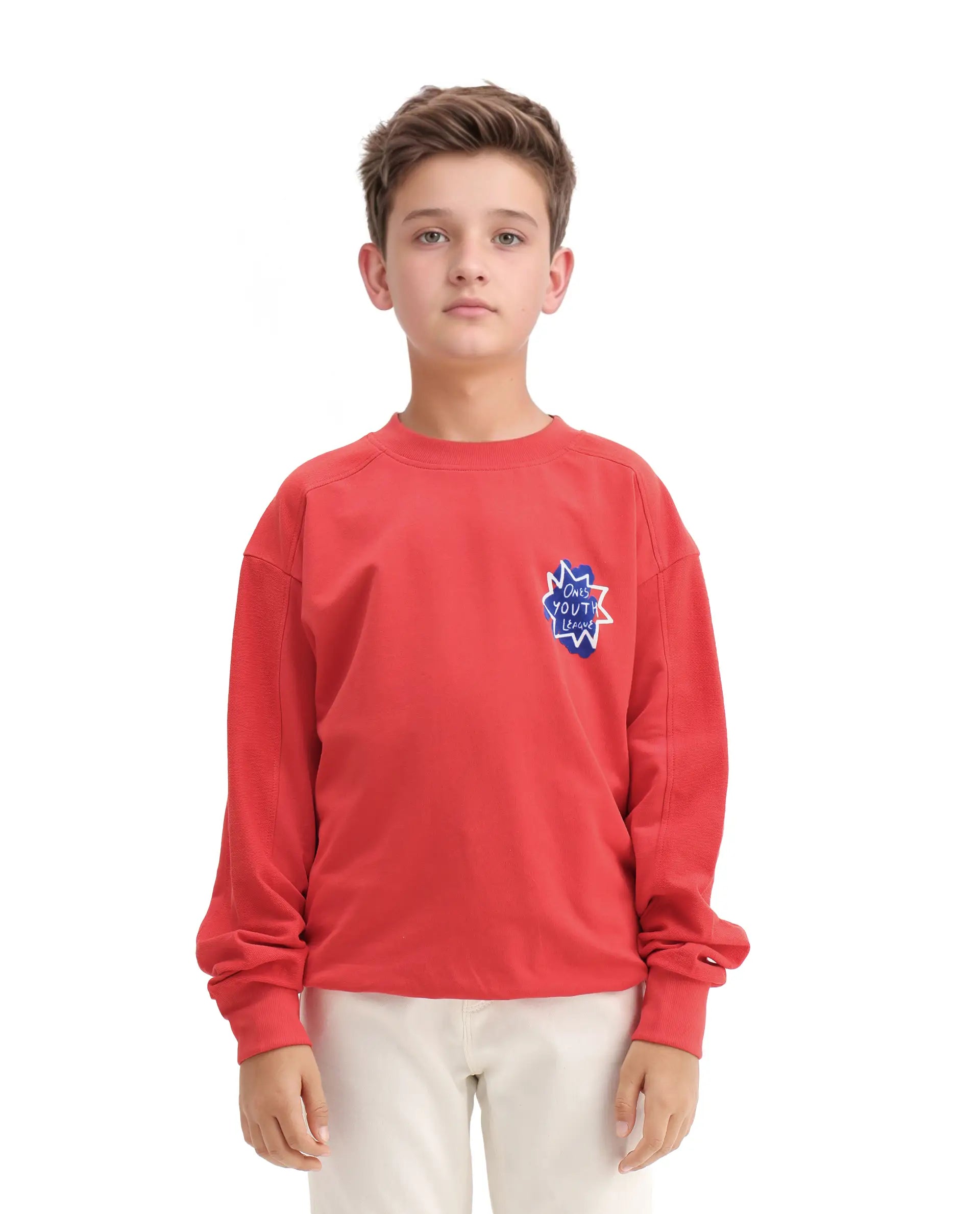 Rare Ones Kids Ezra Red Cotton Slip-On Full Sleeves Crew Neck Pigment Print Oversized Sweatshirt