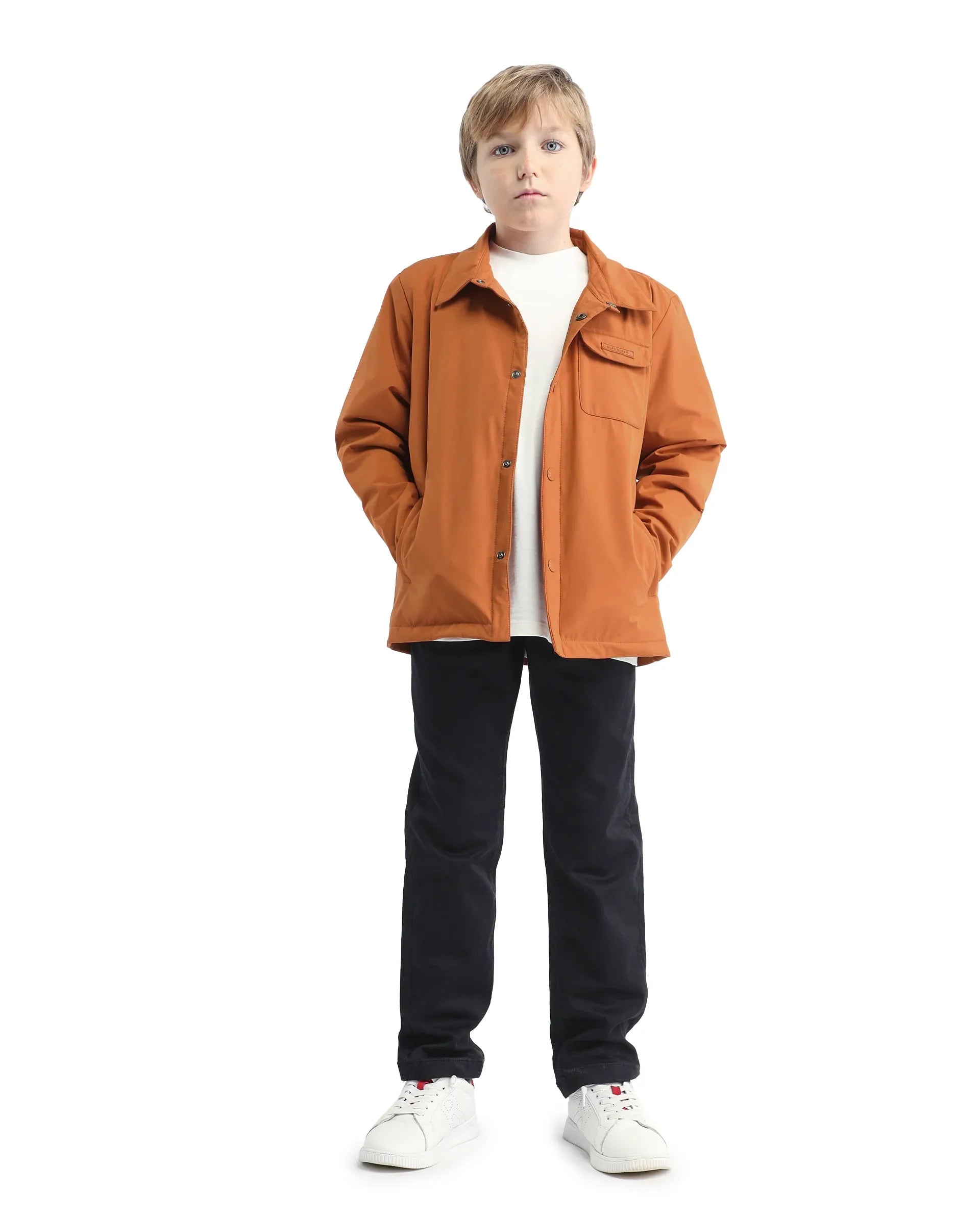 Rare Ones Kids Fagu-K Orange Polyester Button Closure Flat Collar Plain Full Sleeves Regular Fit Jacket