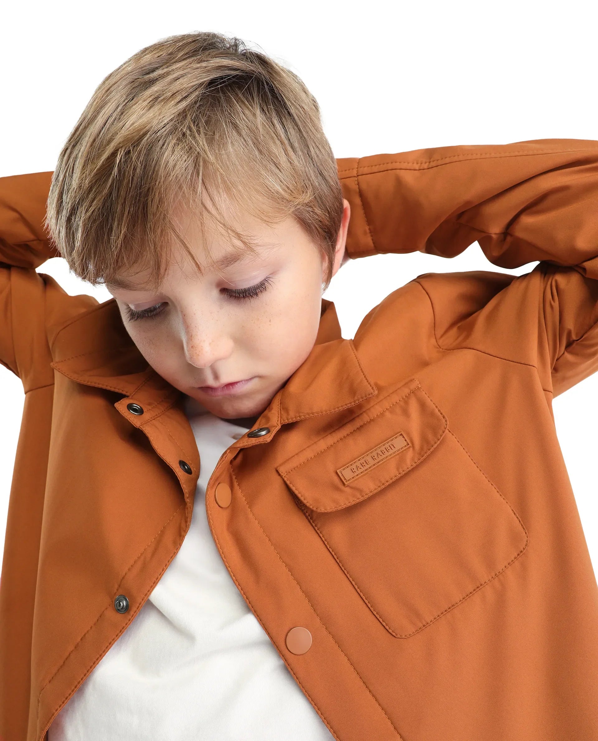 Rare Ones Kids Fagu-K Orange Polyester Button Closure Flat Collar Plain Full Sleeves Regular Fit Jacket