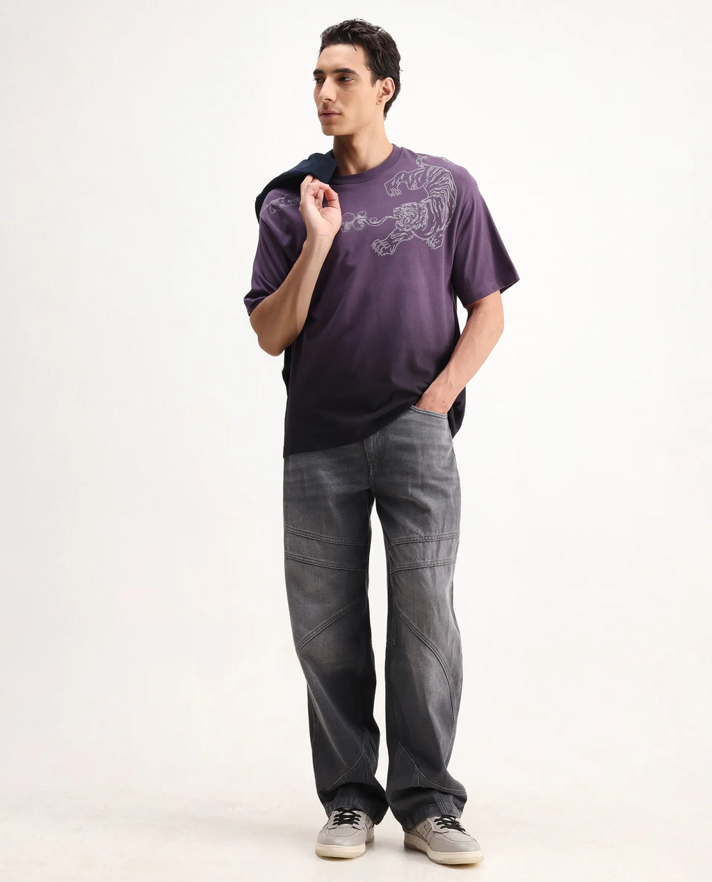 Rare Rabbit Men's Fig Dark Purple Cotton Embroidered Oversized Fit Half Sleeve Crew Neck T-Shirt