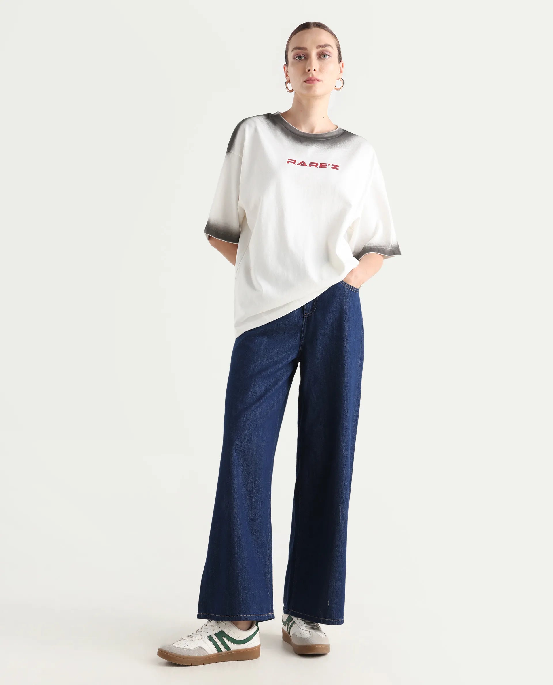 Rareism Women's Foakoe Off White Cotton Graphic Print Oversized T-Shirt