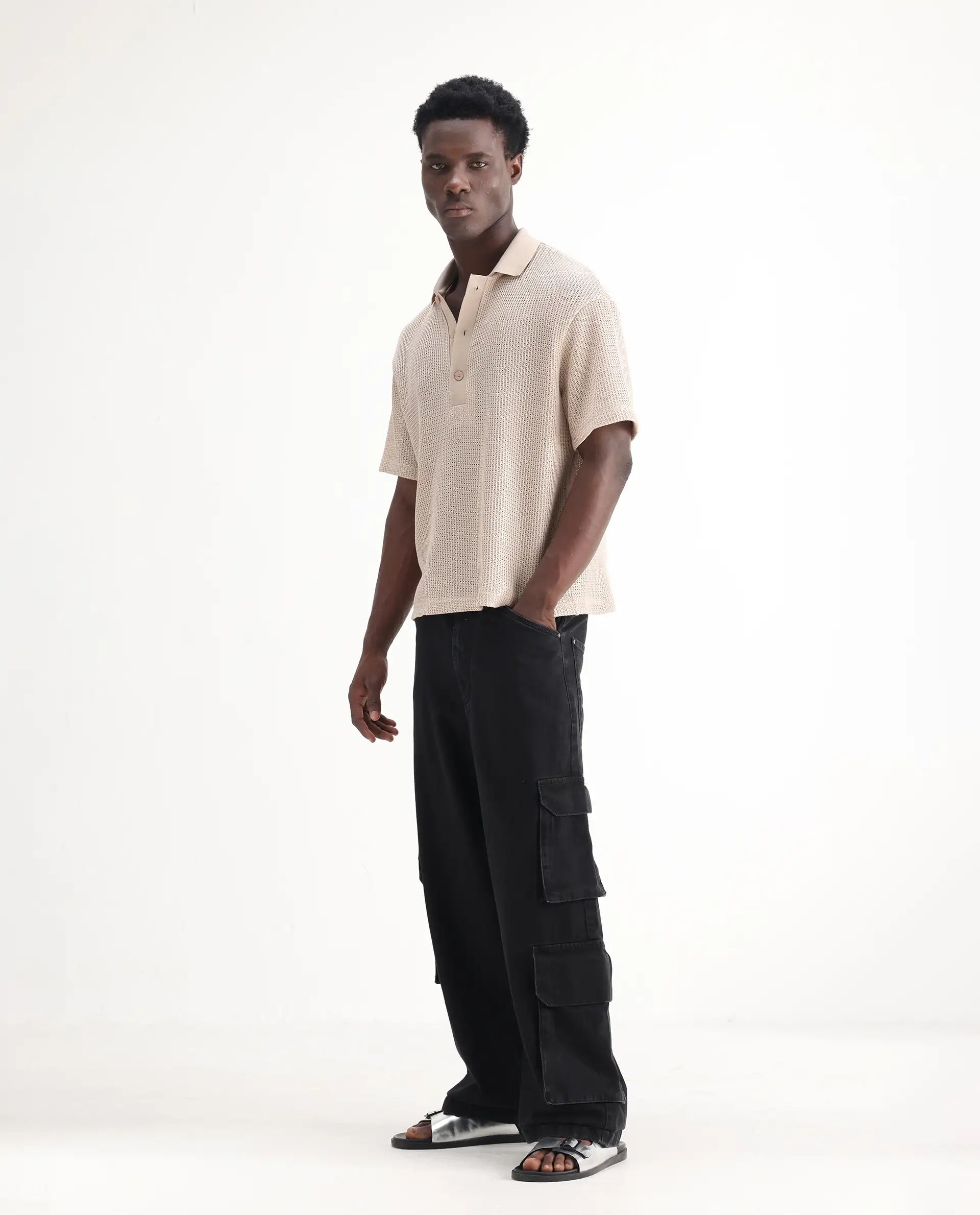 Rare Rabbit Men's Freks Black Cotton Plain Baggy Fit Jeans