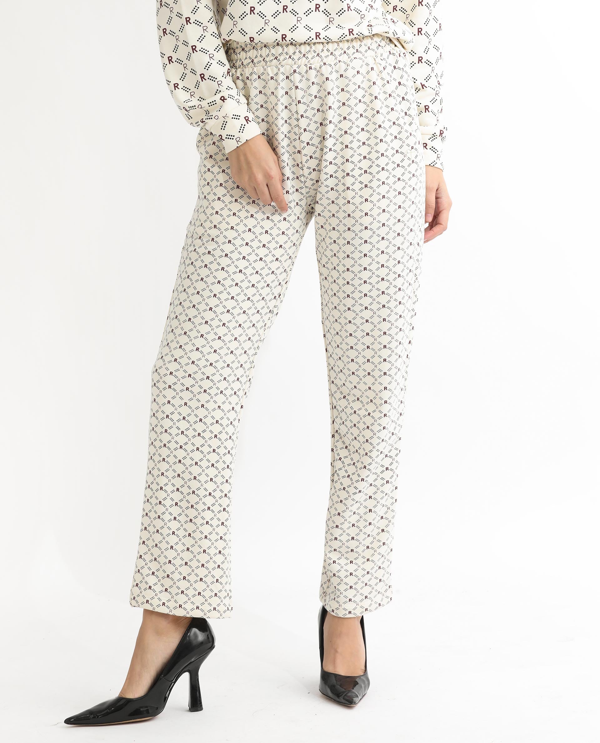 Rareism Women's Fronk Beige Polyester Blend Monogram Print Ankle Length Tailored Track Pant