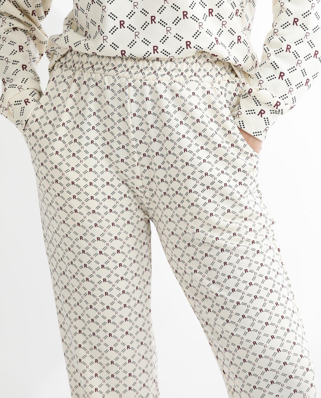 Rareism Women's Fronk Beige Polyester Blend Monogram Print Ankle Length Tailored Track Pant