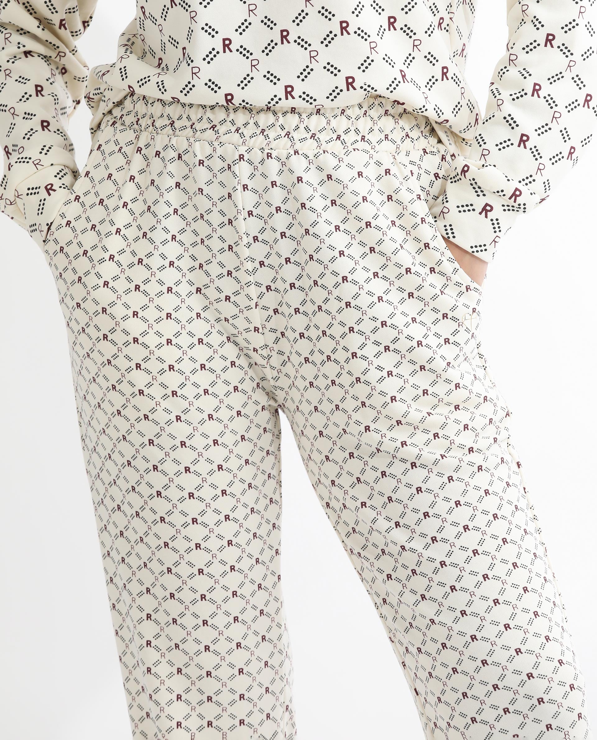 Rareism Women's Fronk Beige Polyester Blend Monogram Print Ankle Length Tailored Track Pant