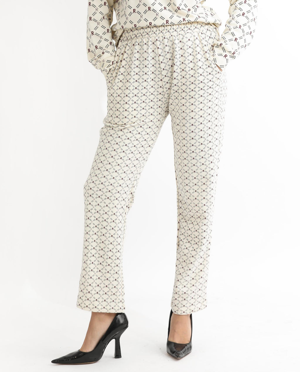 Rareism Women's Fronk Beige Polyester Blend Monogram Print Ankle Length Tailored Track Pant