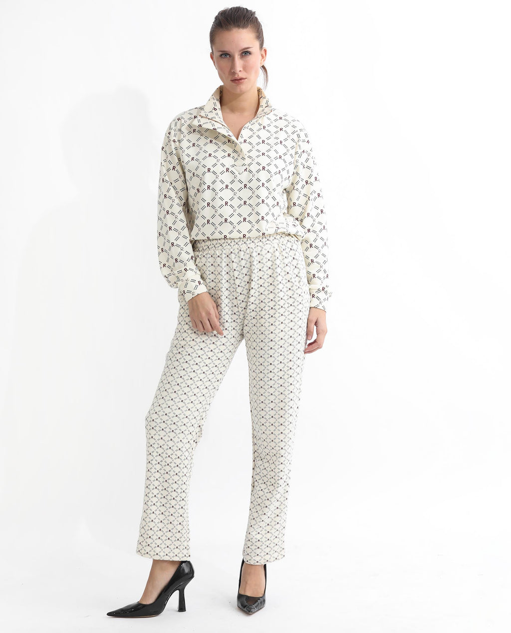 Rareism Women's Fronk Beige Polyester Blend Monogram Print Ankle Length Tailored Track Pant
