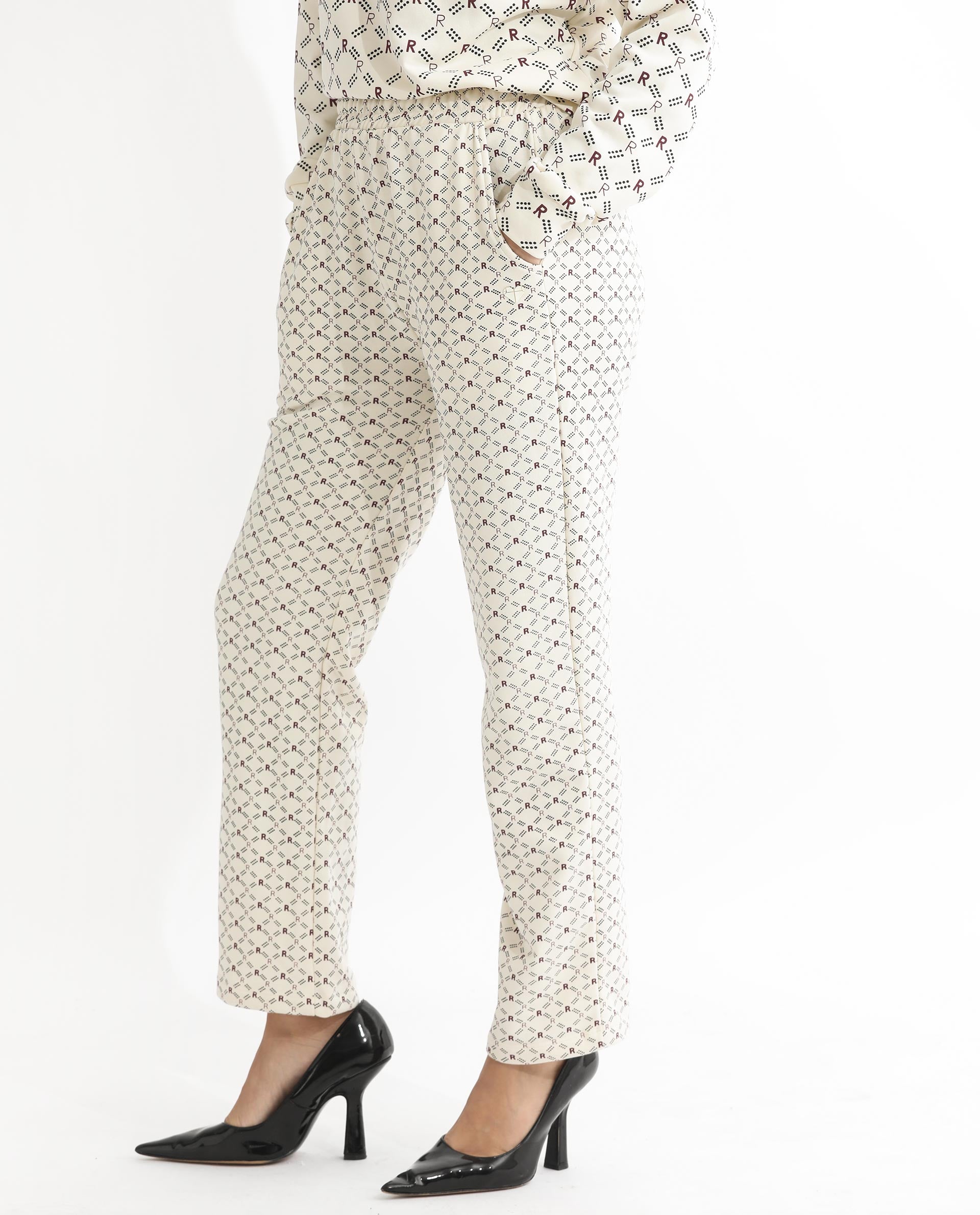 Rareism Women's Fronk Beige Polyester Blend Monogram Print Ankle Length Tailored Track Pant