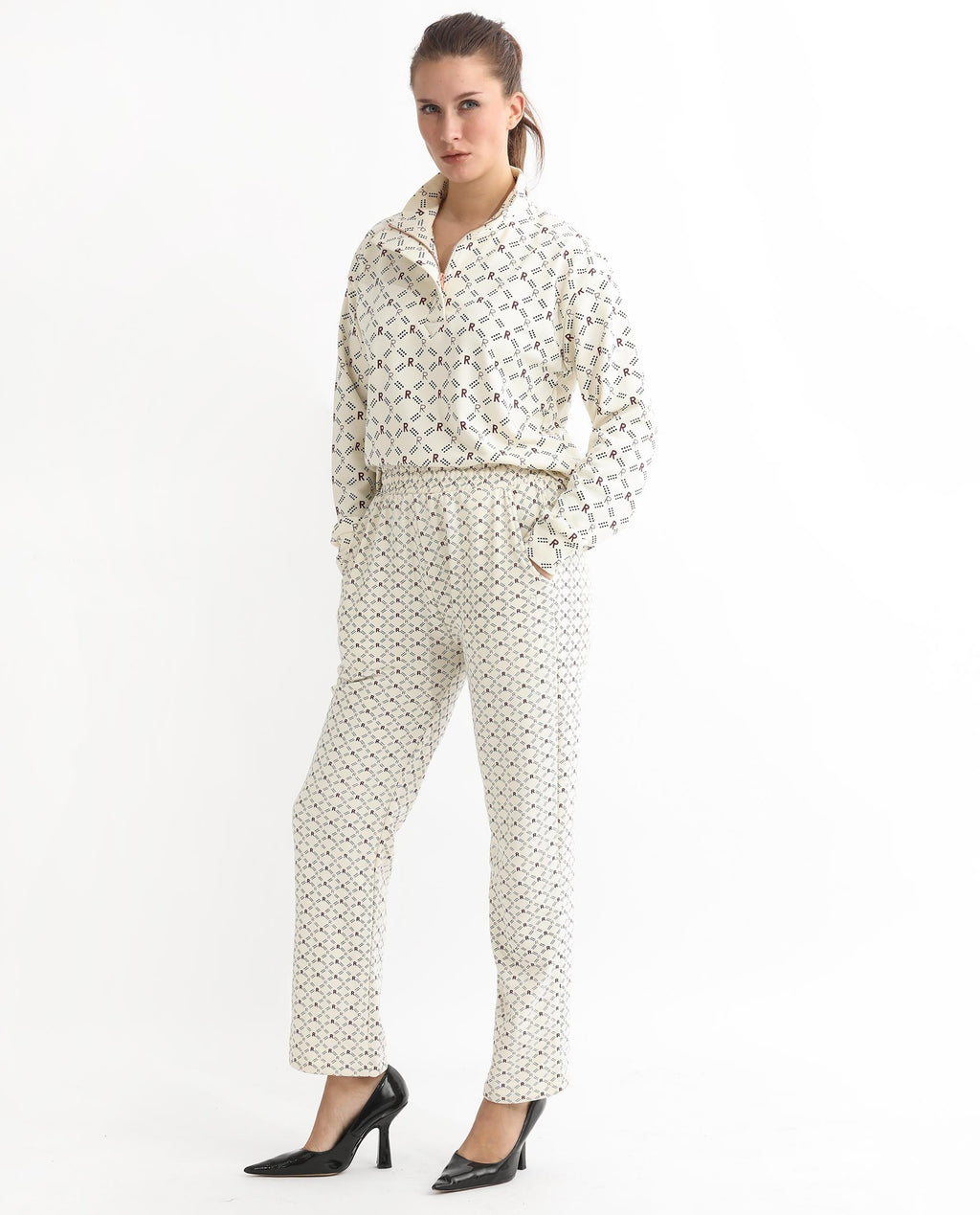 Rareism Women's Fronk Beige Polyester Blend Monogram Print Ankle Length Tailored Track Pant