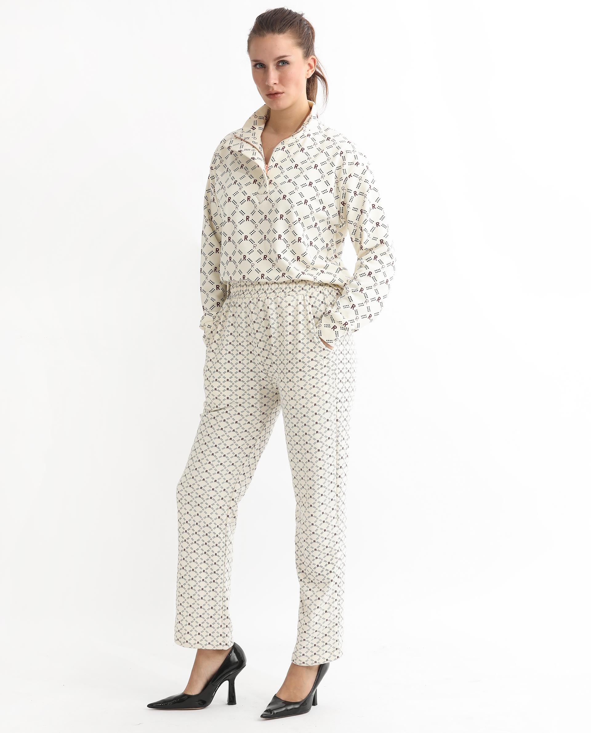 Rareism Women's Fronk Beige Polyester Blend Monogram Print Ankle Length Tailored Track Pant