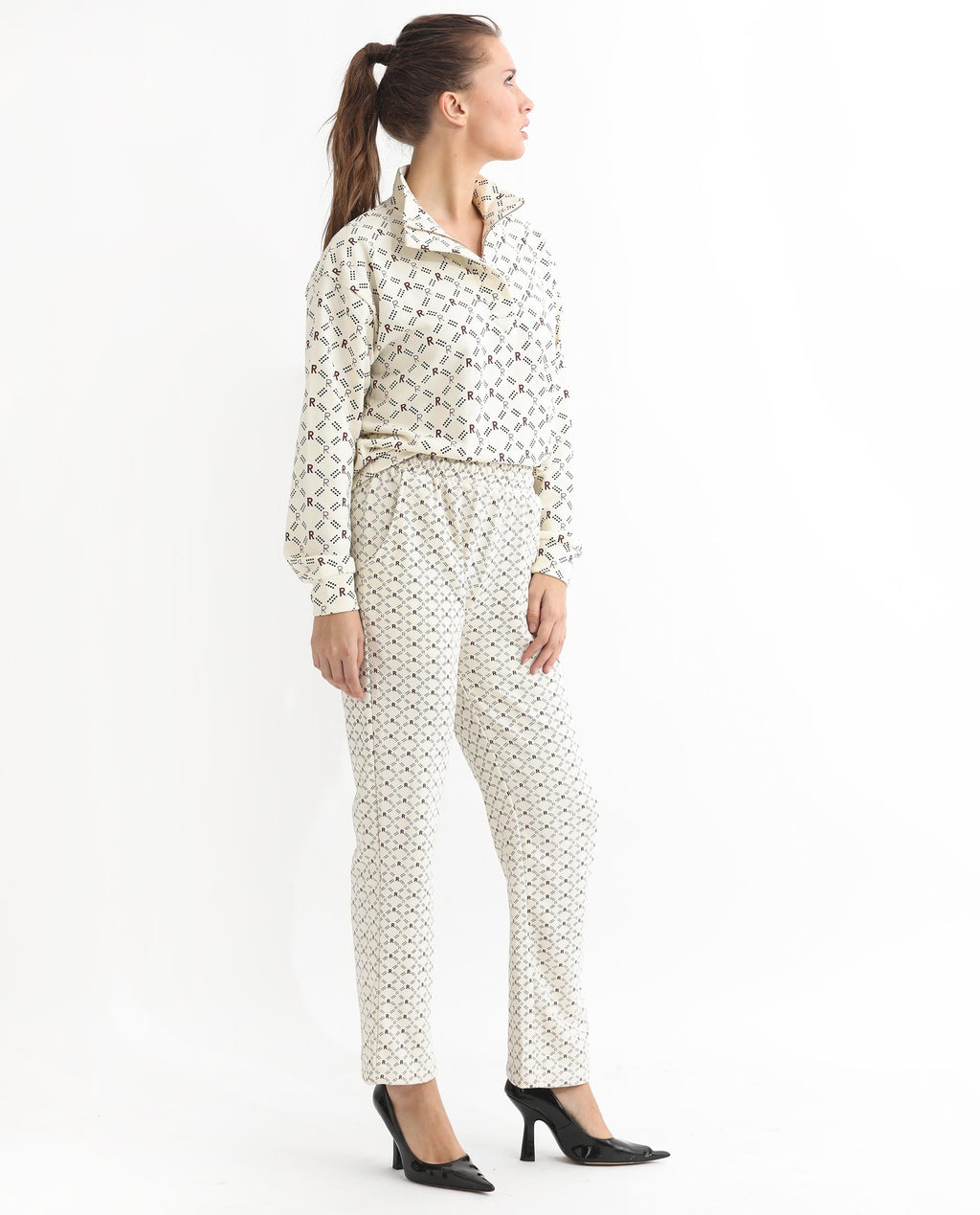 Rareism Women's Fronk Beige Polyester Blend Monogram Print Ankle Length Tailored Track Pant