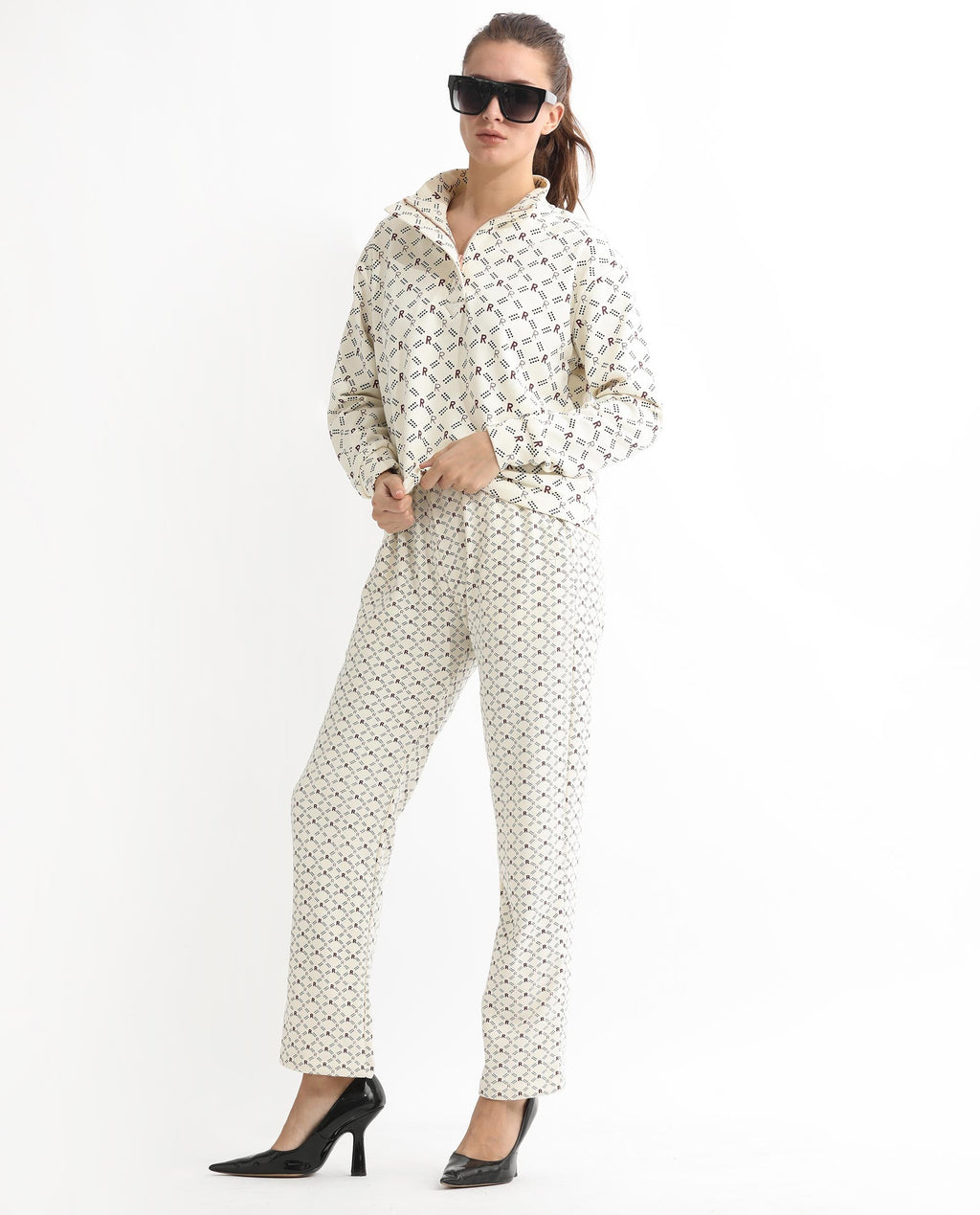 Rareism Women's Fronk Beige Polyester Blend Monogram Print Ankle Length Tailored Track Pant