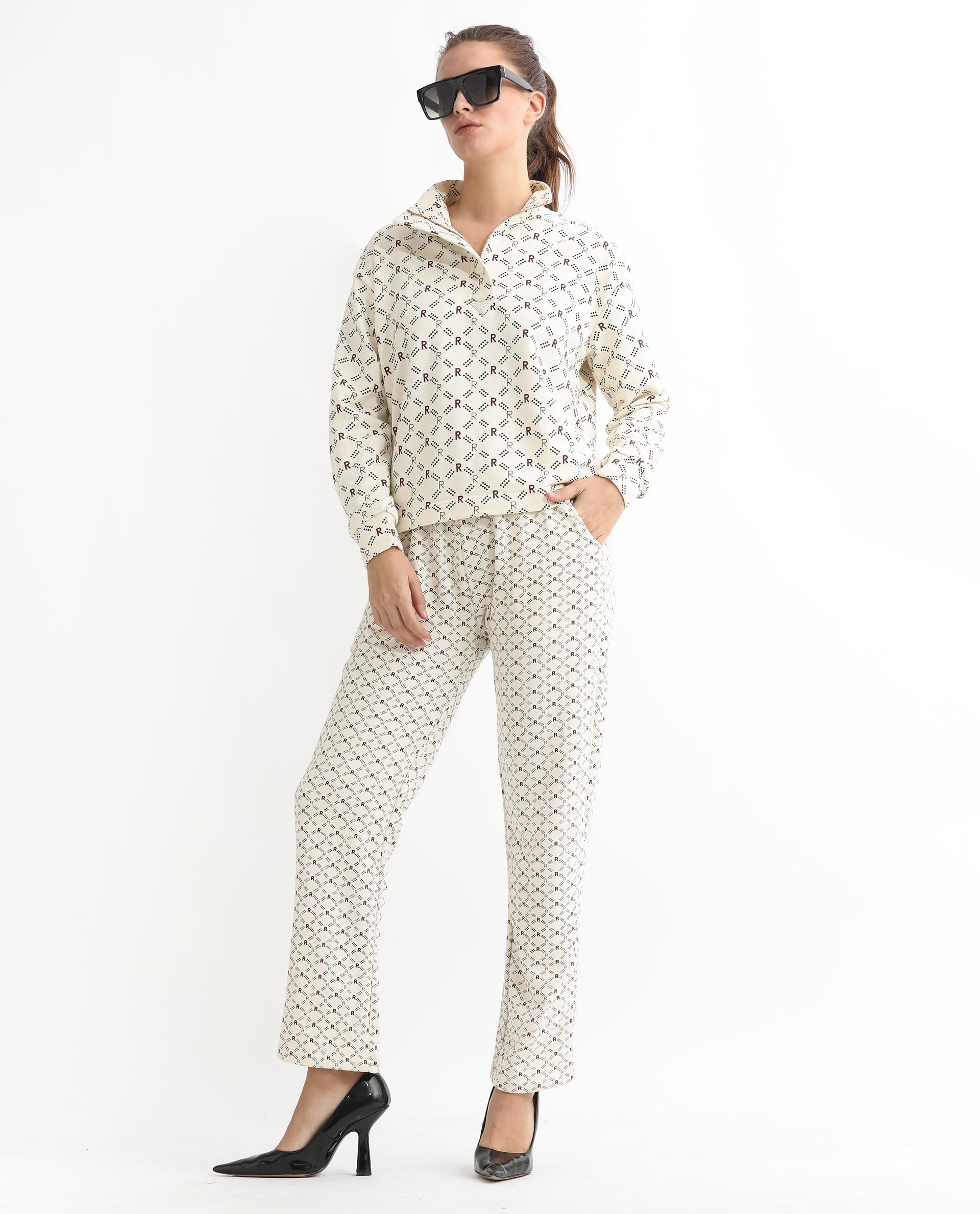 Rareism Women's Fronk Beige Polyester Blend Monogram Print Ankle Length Tailored Track Pant