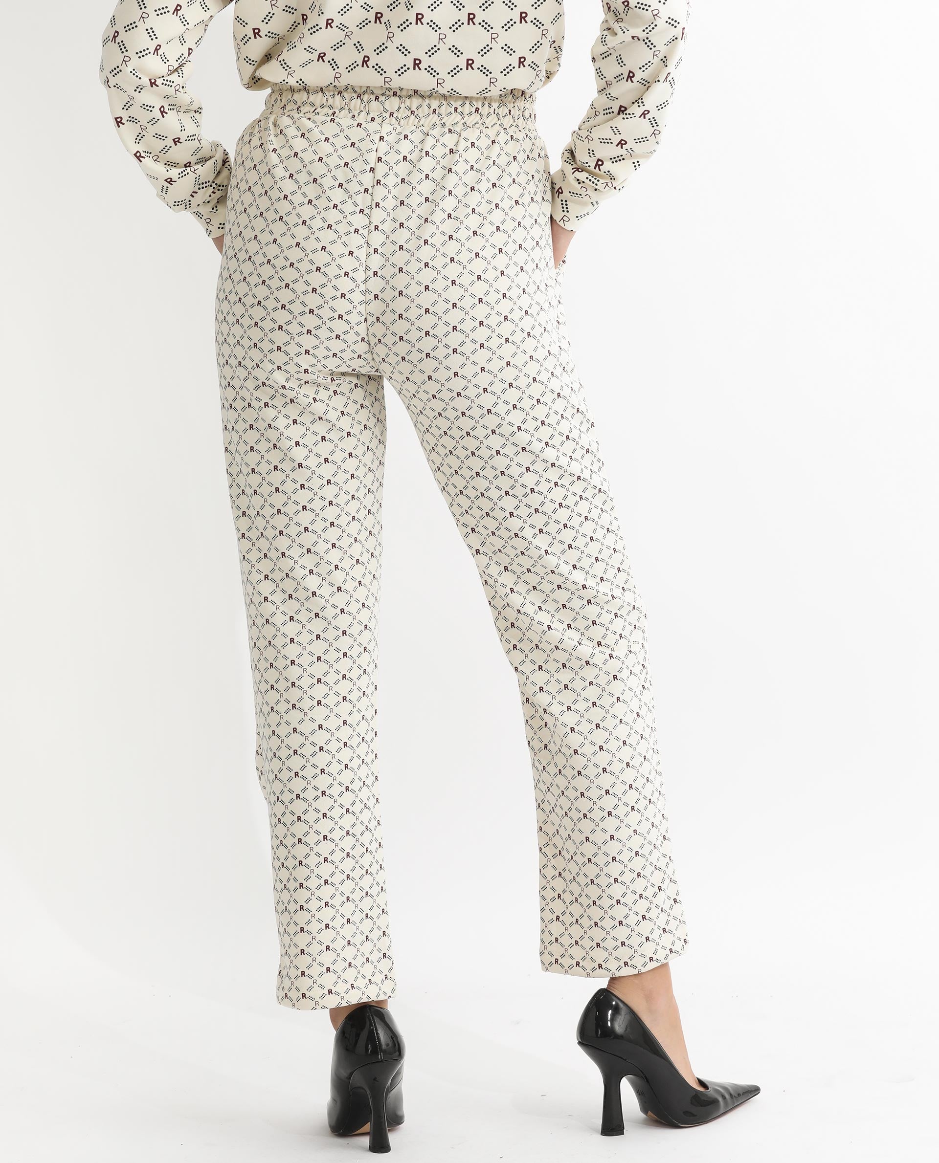 Rareism Women's Fronk Beige Polyester Blend Monogram Print Ankle Length Tailored Track Pant